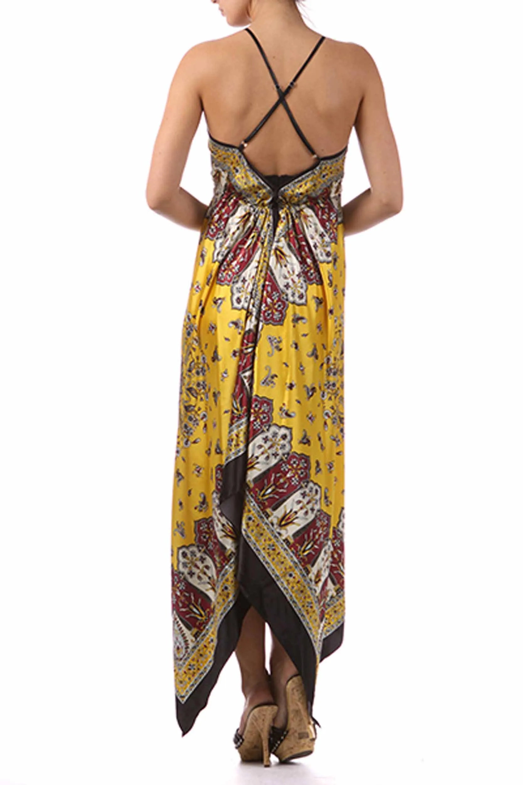 Sakkas FOHandkerchiefC-908 Silk Feel Handkerchief Hem Criss Cross Back Adjustable Maxi / Long Dress