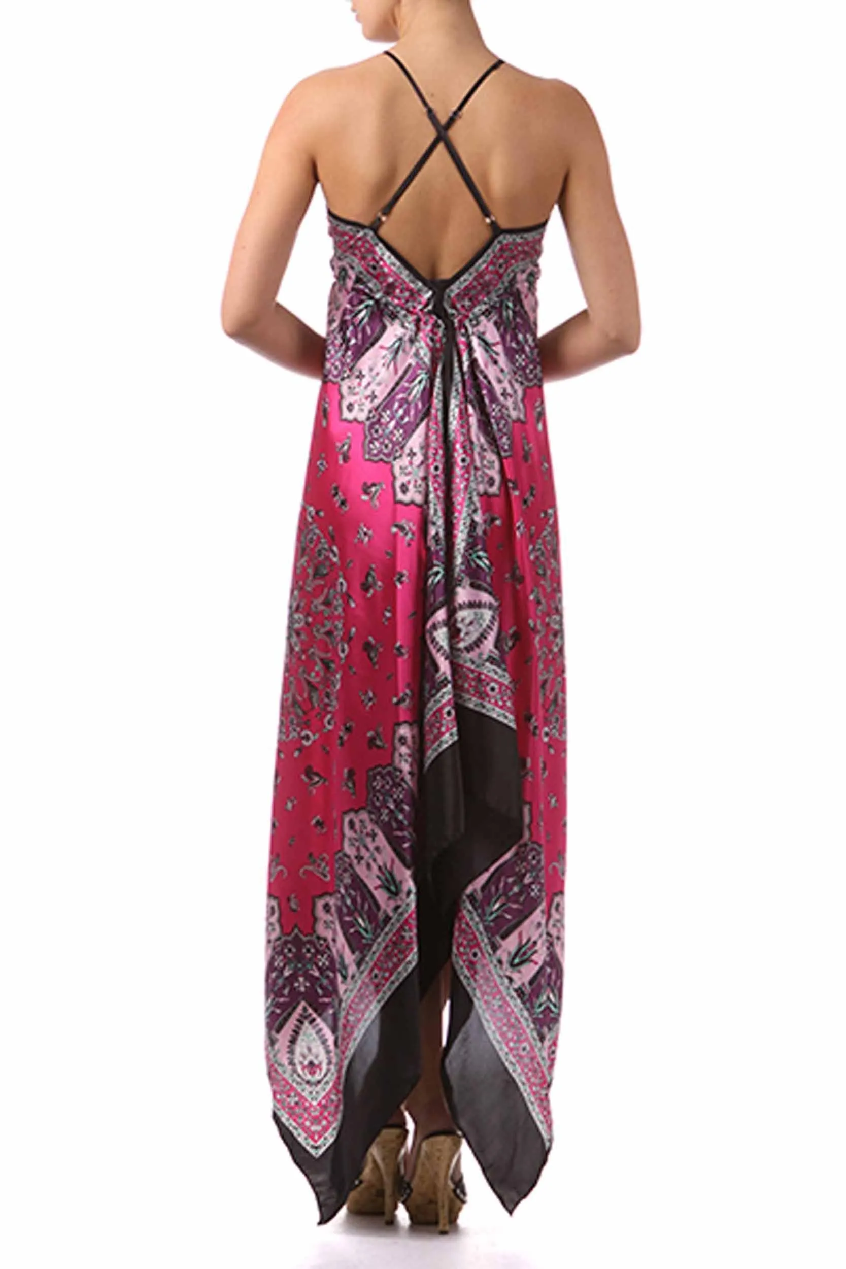 Sakkas FOHandkerchiefC-908 Silk Feel Handkerchief Hem Criss Cross Back Adjustable Maxi / Long Dress