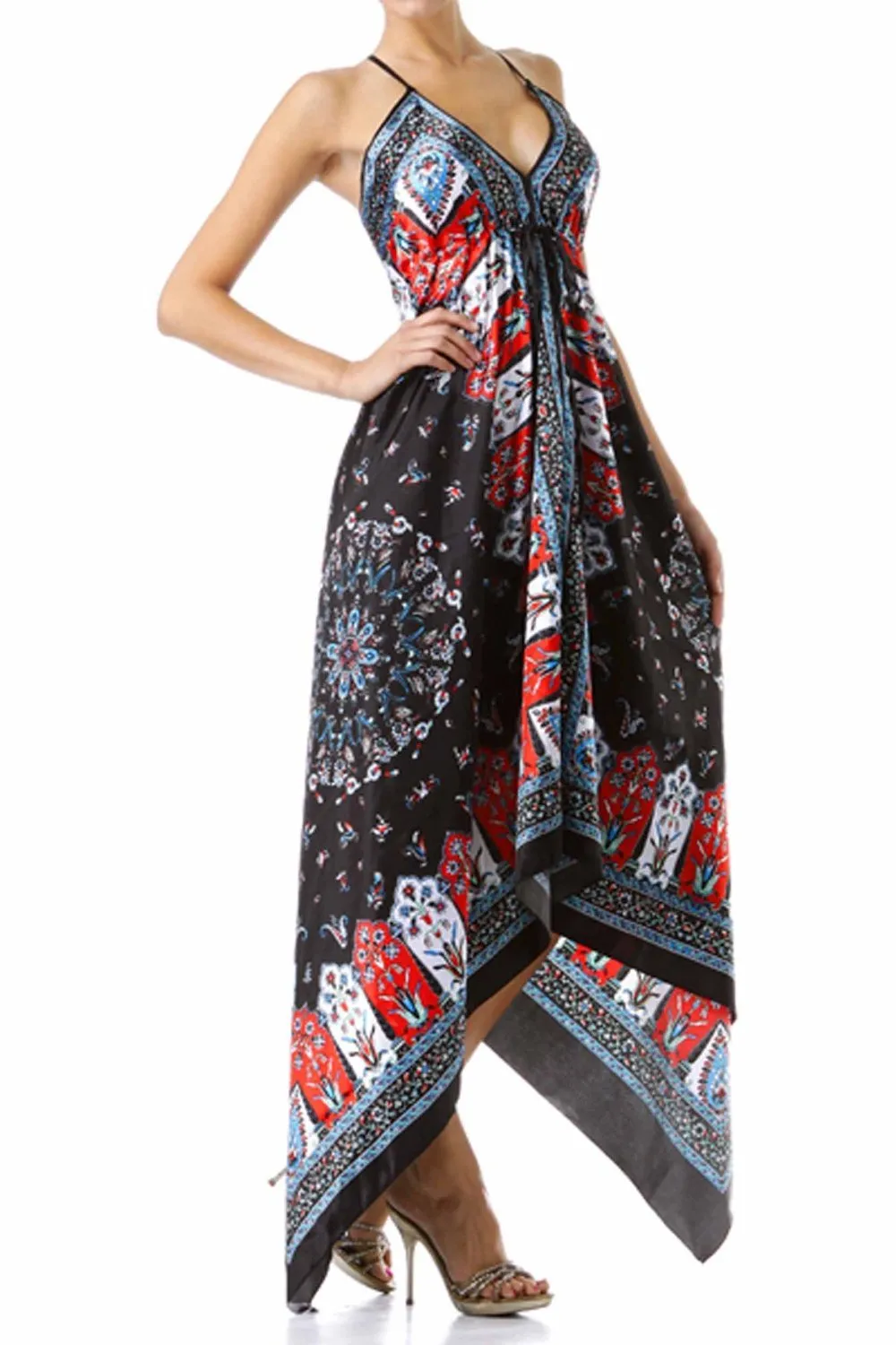 Sakkas FOHandkerchiefC-908 Silk Feel Handkerchief Hem Criss Cross Back Adjustable Maxi / Long Dress