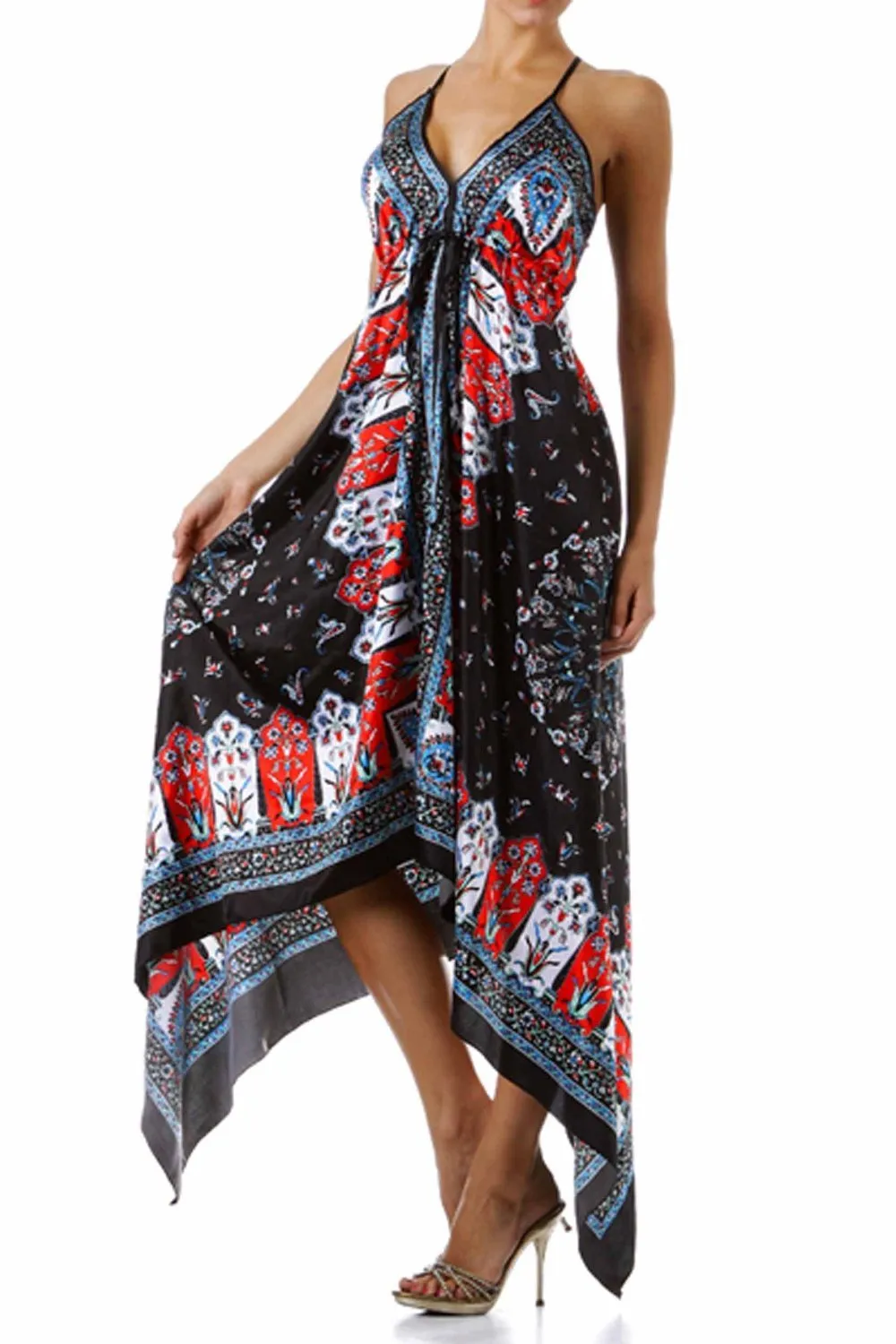 Sakkas FOHandkerchiefC-908 Silk Feel Handkerchief Hem Criss Cross Back Adjustable Maxi / Long Dress