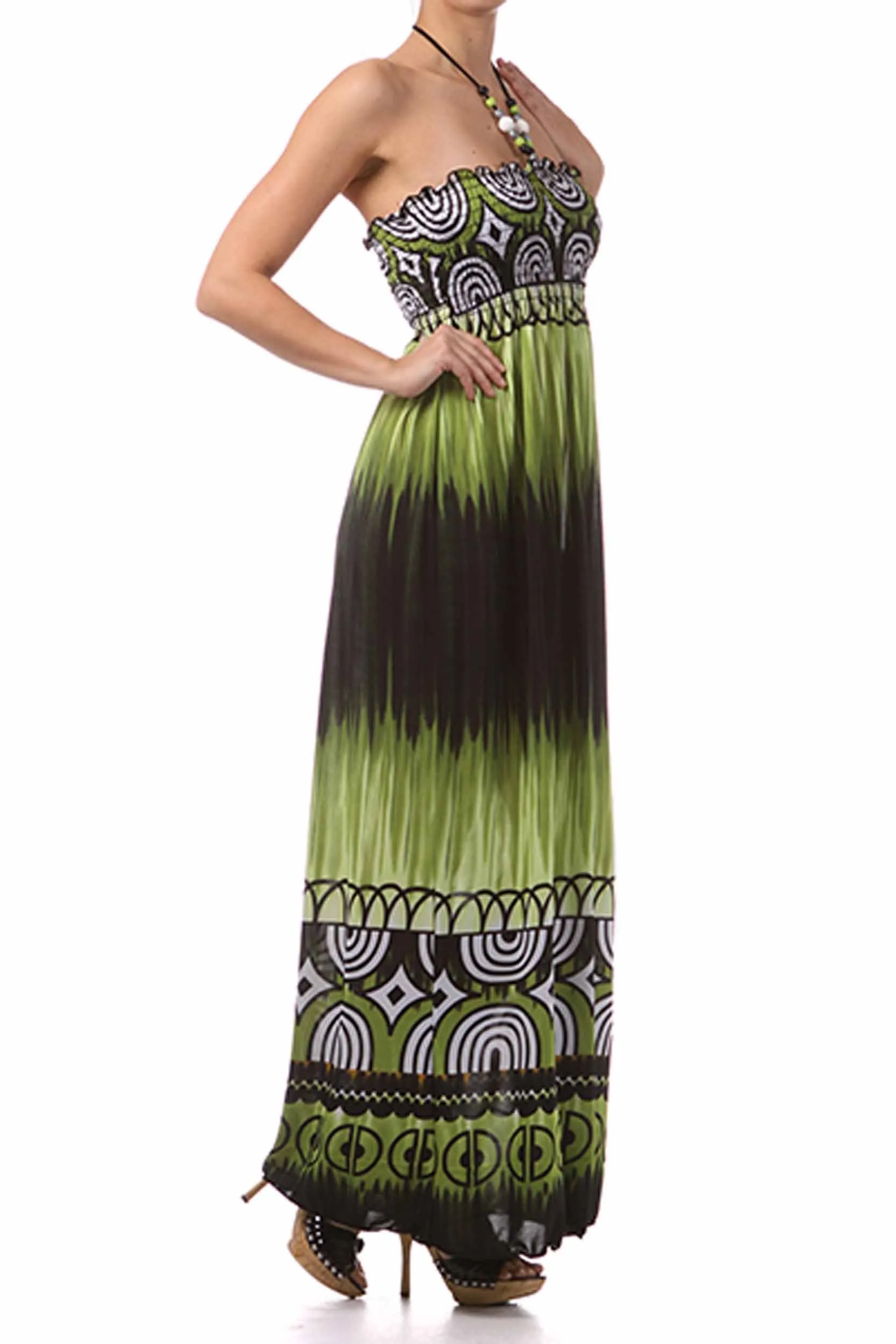 Sakkas Geometric Arches Beaded Halter Smocked Bodice Long Dress