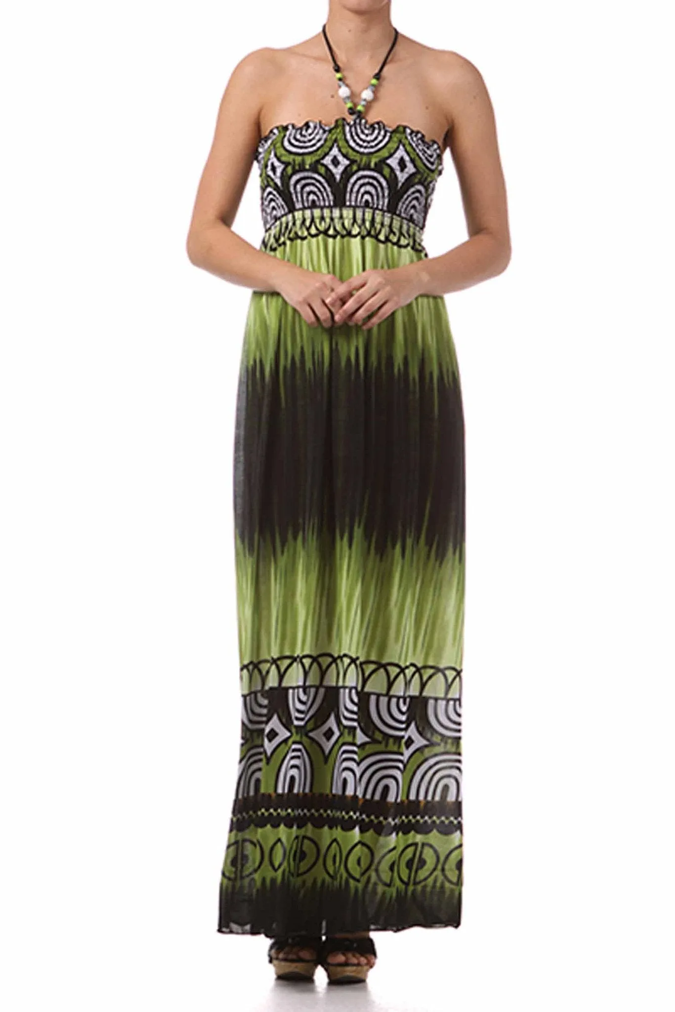 Sakkas Geometric Arches Beaded Halter Smocked Bodice Long Dress