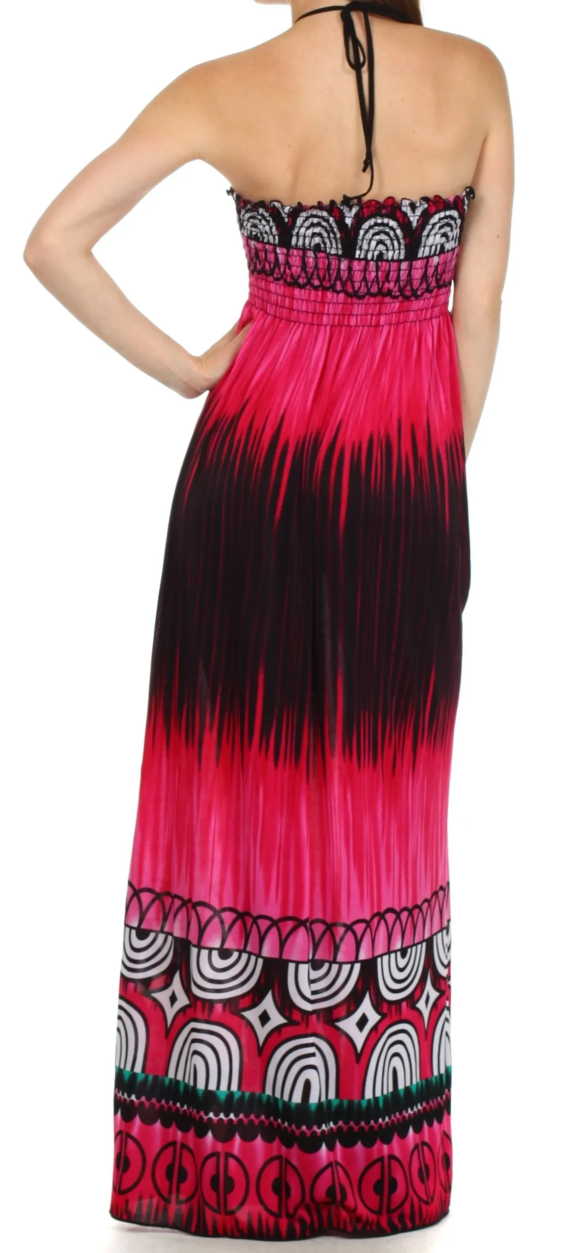 Sakkas Geometric Arches Beaded Halter Smocked Bodice Long Dress