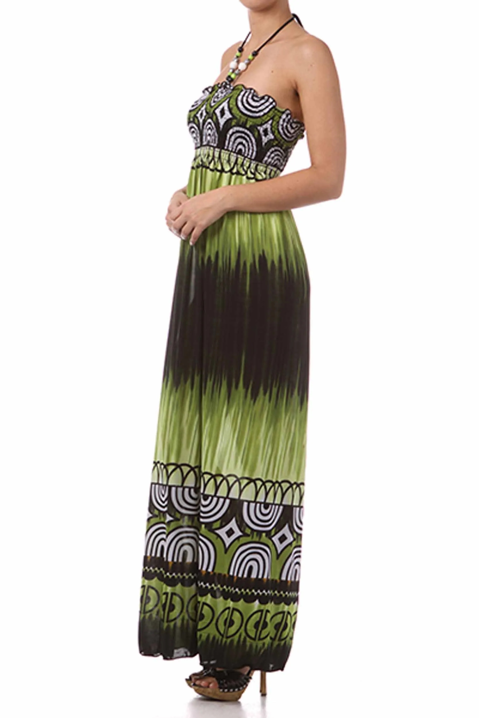 Sakkas Geometric Arches Beaded Halter Smocked Bodice Long Dress