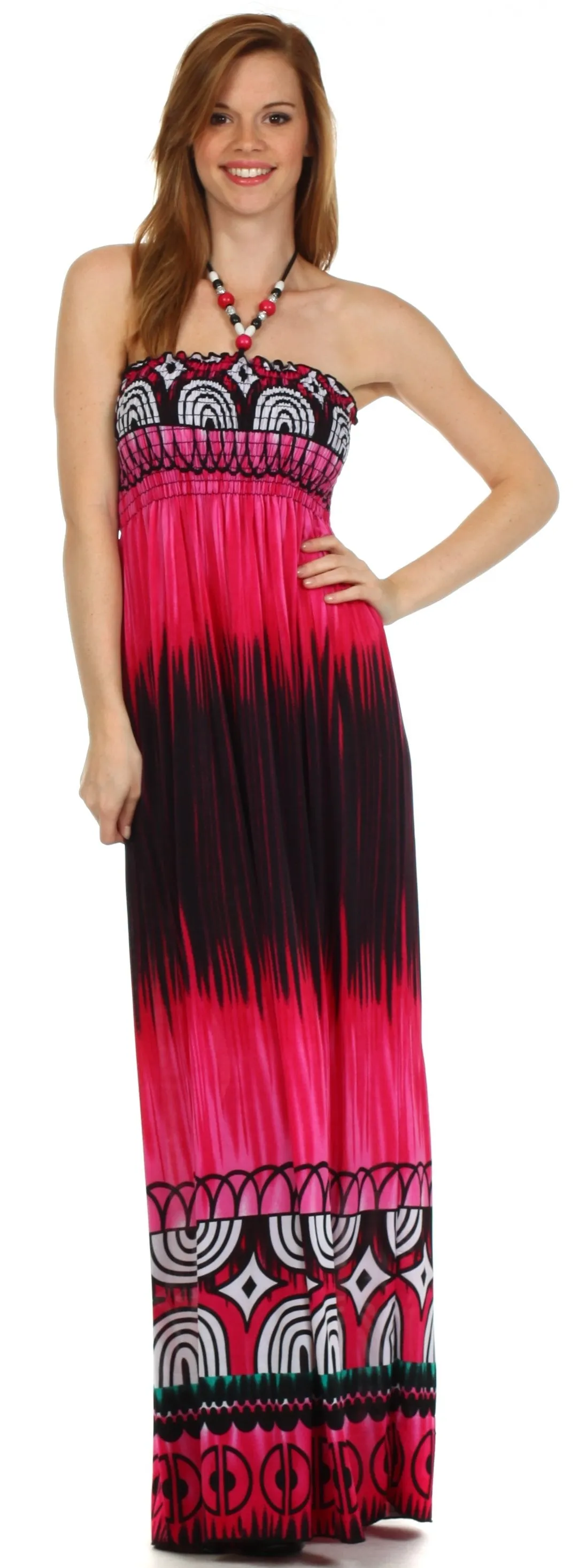 Sakkas Geometric Arches Beaded Halter Smocked Bodice Long Dress