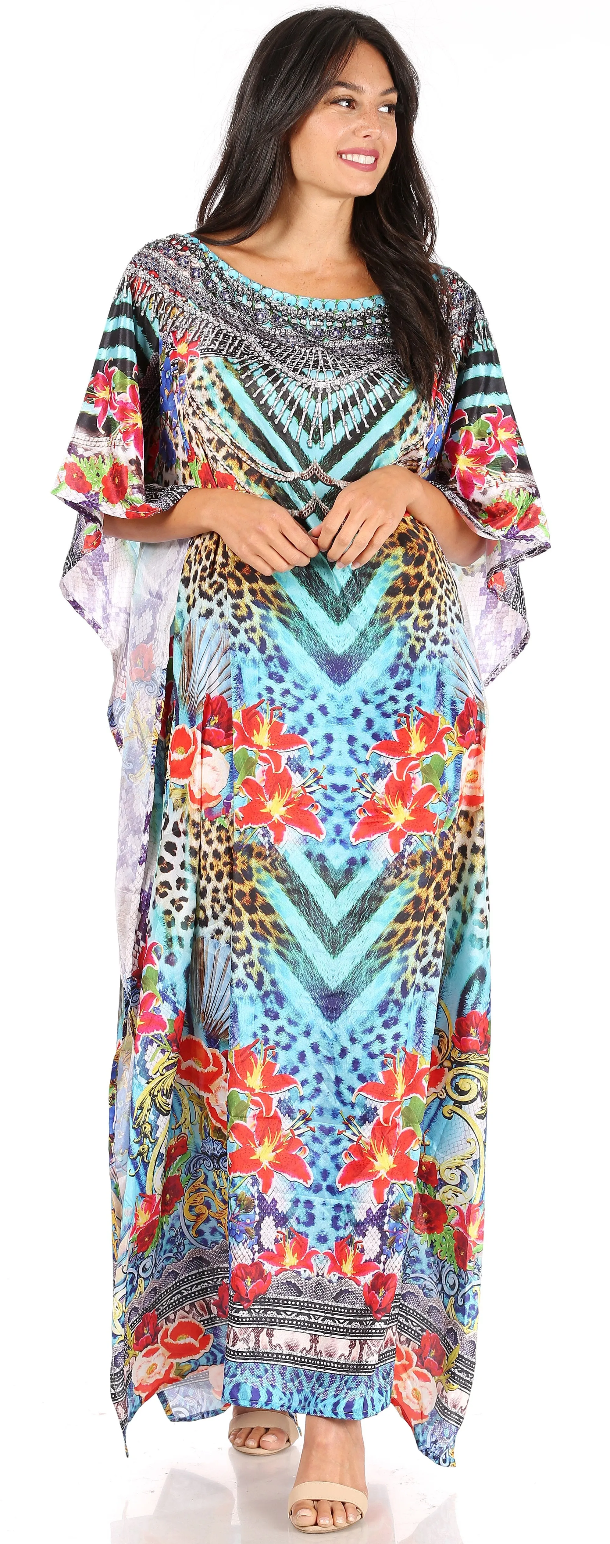 Sakkas Jabari Women's Maxi Short Sleeve Long Beach Kaftan Dress Boho Loose Gown