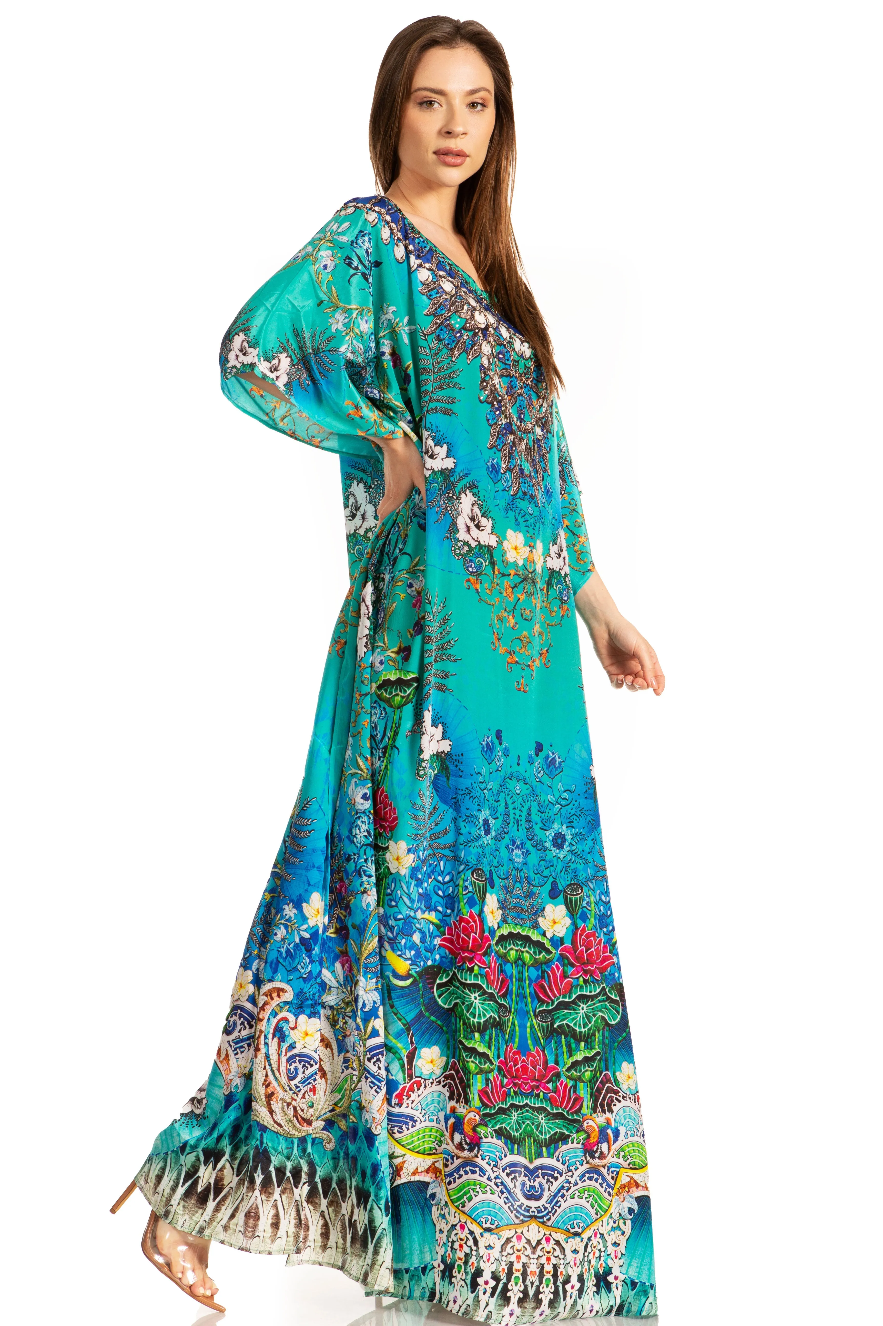 Sakkas Jabari Women's Maxi Short Sleeve Long Beach Kaftan Dress Boho Loose Gown