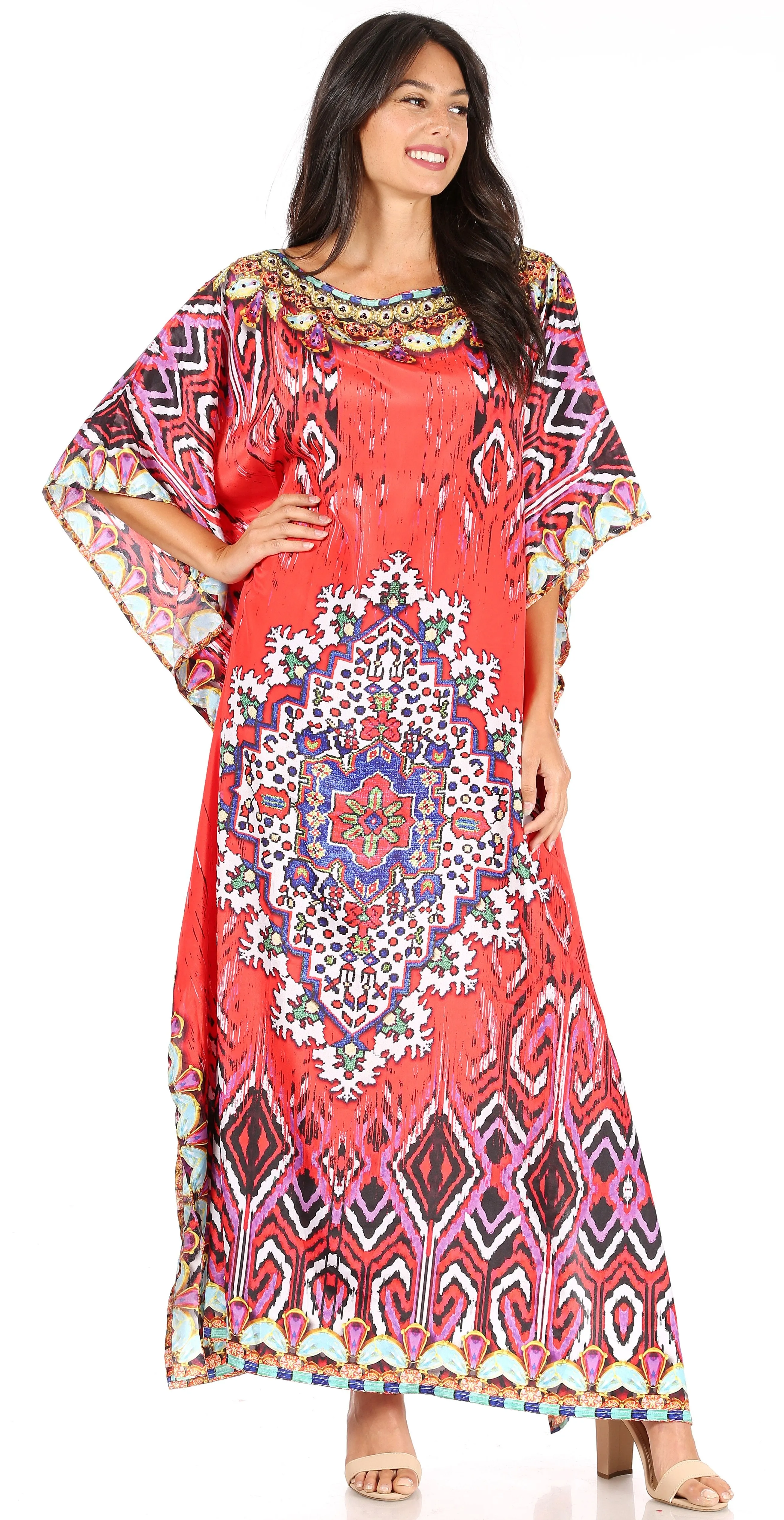 Sakkas Jabari Women's Maxi Short Sleeve Long Beach Kaftan Dress Boho Loose Gown