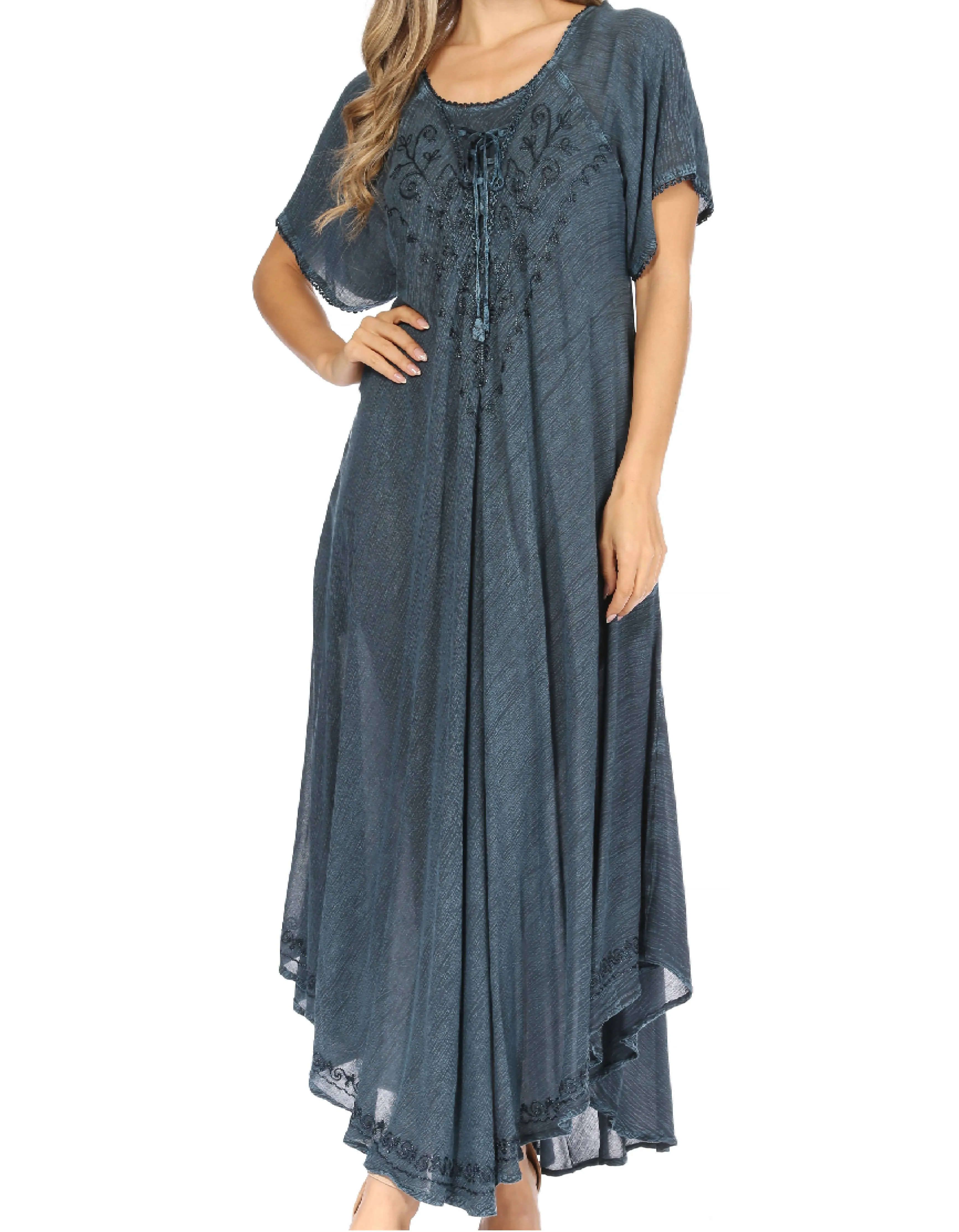 Sakkas Lilia Embroidered Lace Up Bodice Relaxed Fit  Maxi Sun Dress