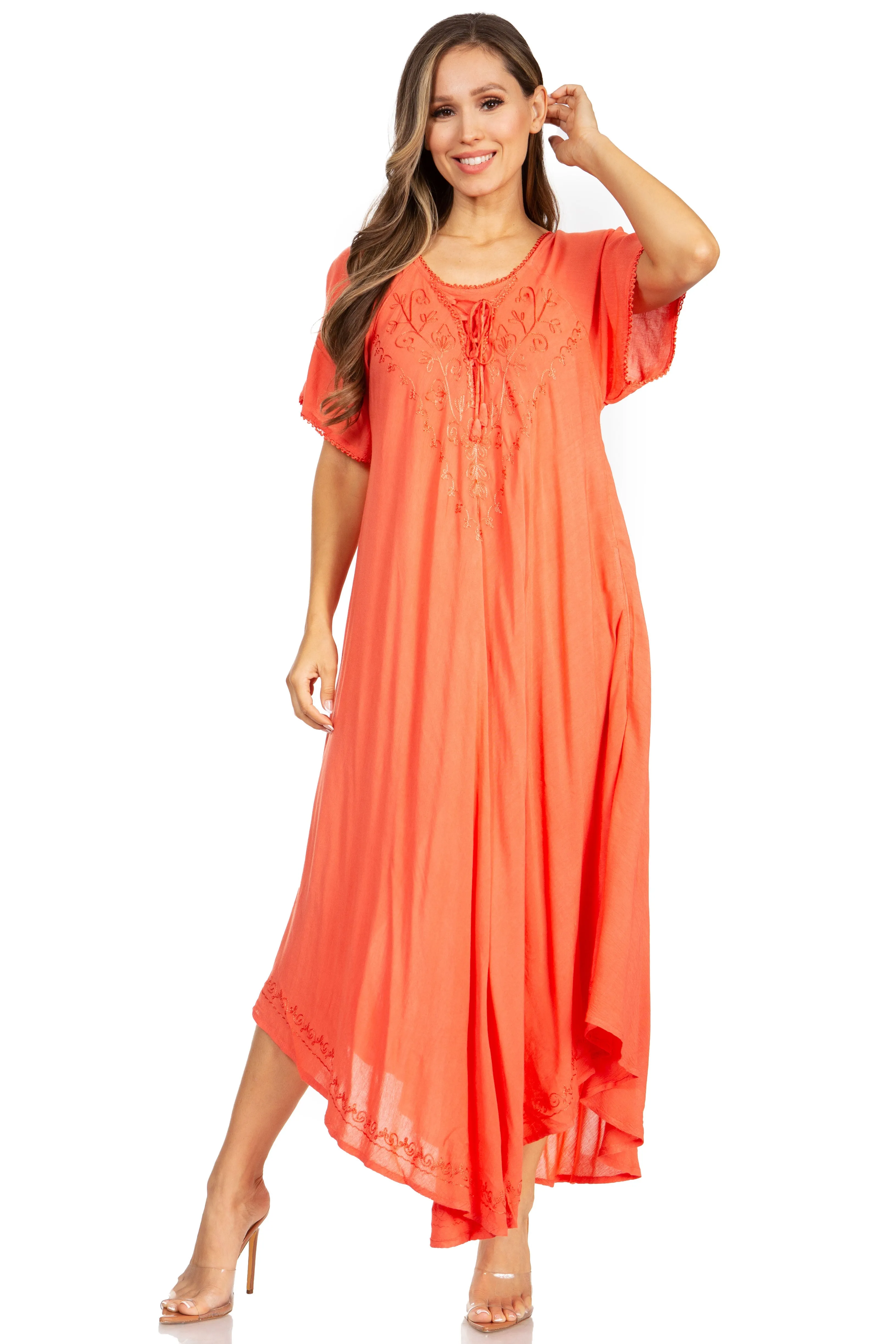 Sakkas Lilia Embroidered Lace Up Bodice Relaxed Fit  Maxi Sun Dress