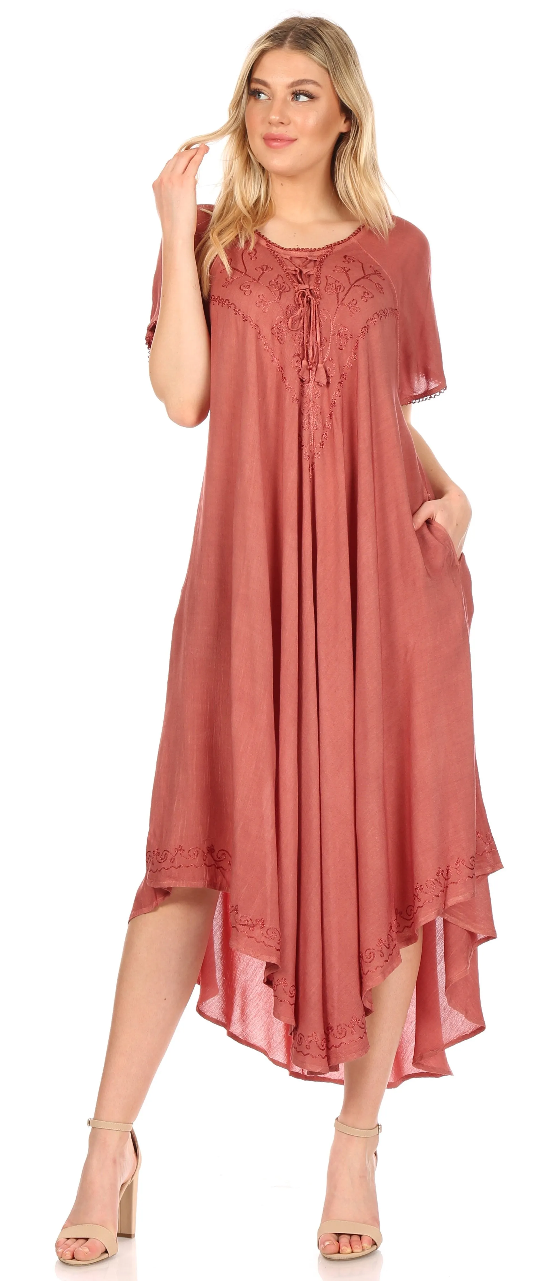 Sakkas Lilia Embroidered Lace Up Bodice Relaxed Fit  Maxi Sun Dress