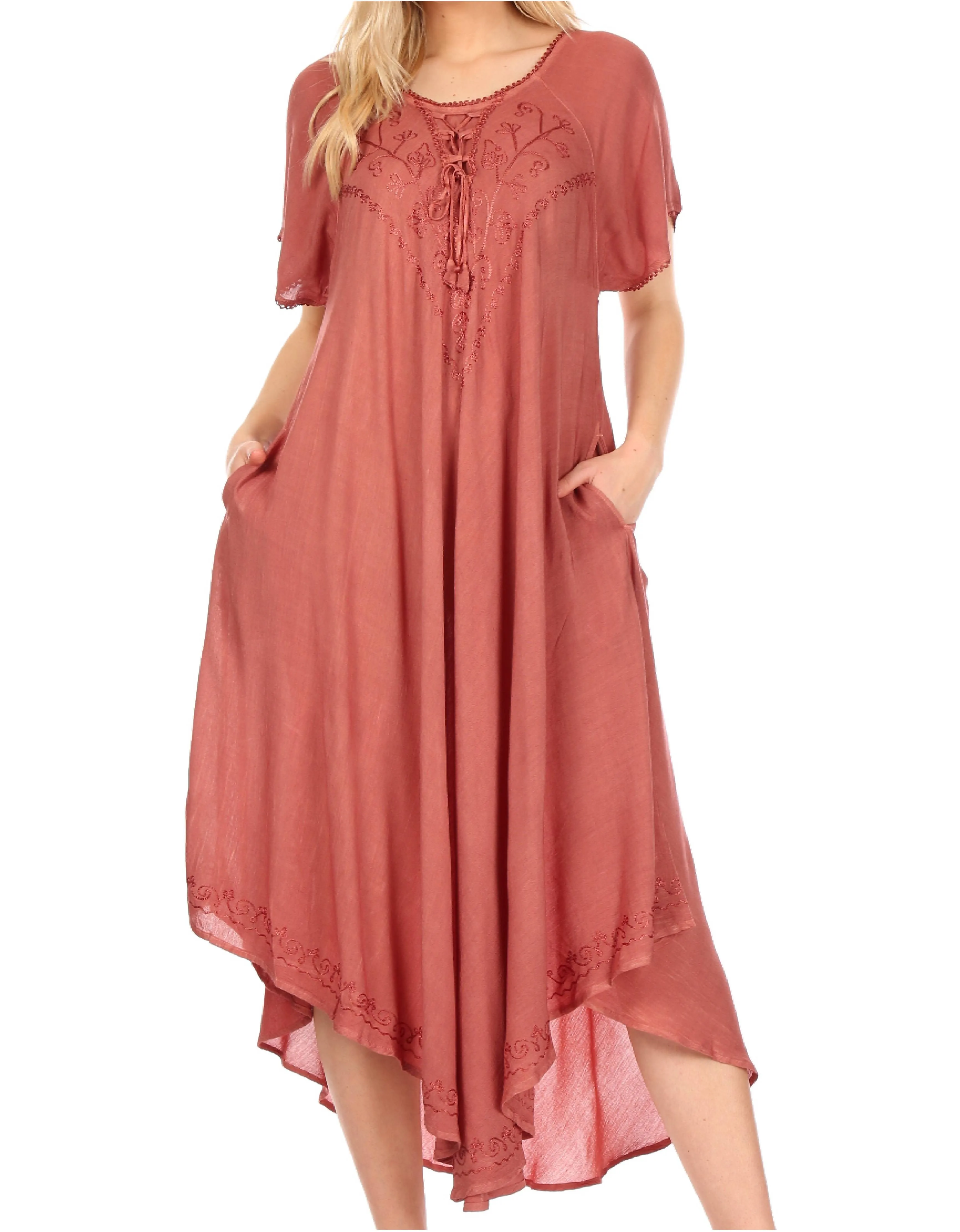 Sakkas Lilia Embroidered Lace Up Bodice Relaxed Fit  Maxi Sun Dress