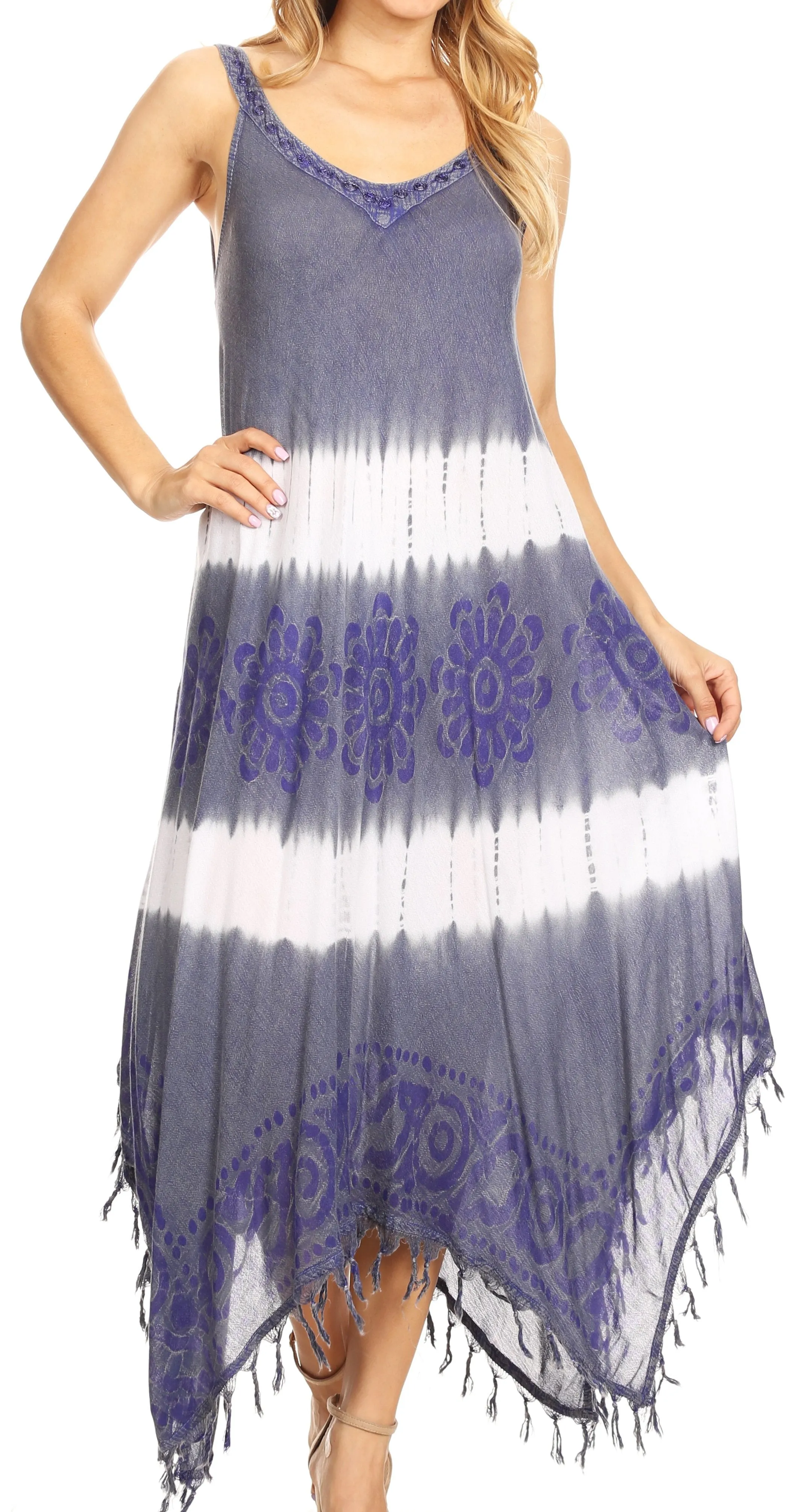 Sakkas Lupe Women's Casual Summer Fringe Maxi Loose V-neck High-low Dress Cover-up