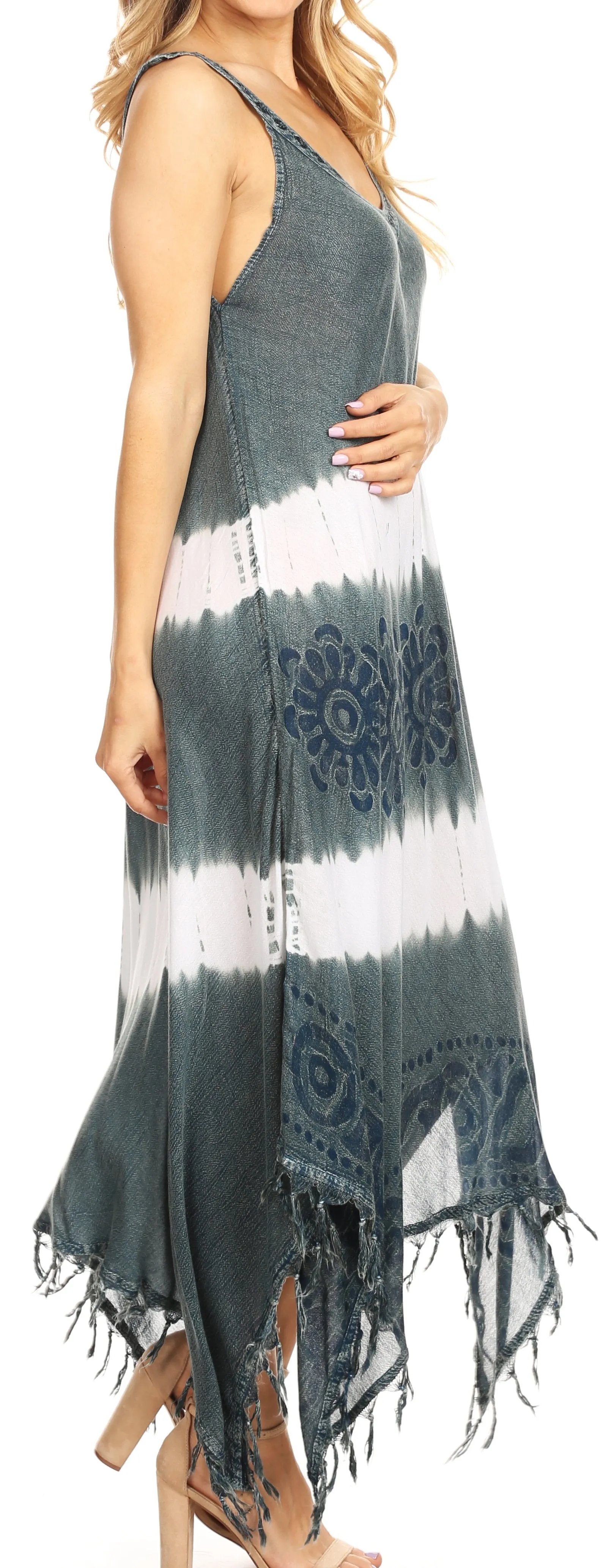 Sakkas Lupe Women's Casual Summer Fringe Maxi Loose V-neck High-low Dress Cover-up