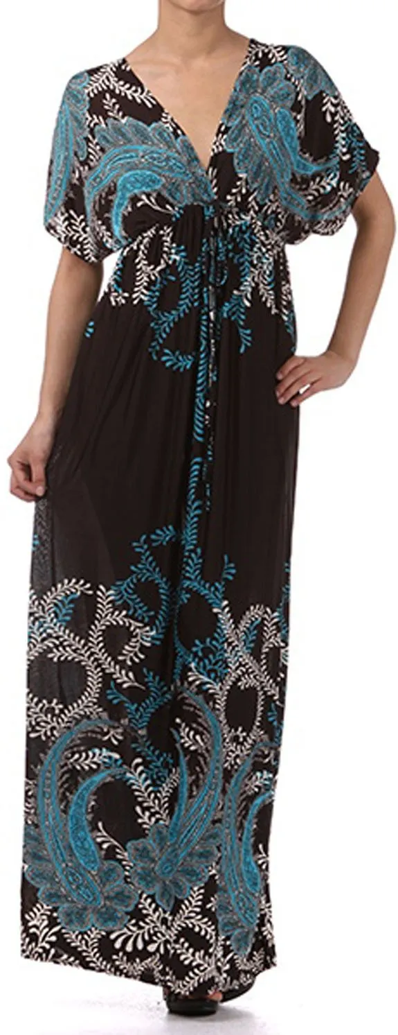 Sakkas Paisley V-Neck Cap Sleeve Empire Waist Long / Maxi Dress