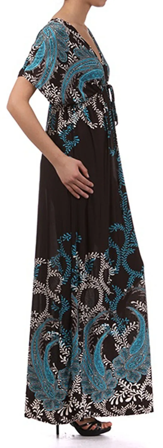 Sakkas Paisley V-Neck Cap Sleeve Empire Waist Long / Maxi Dress