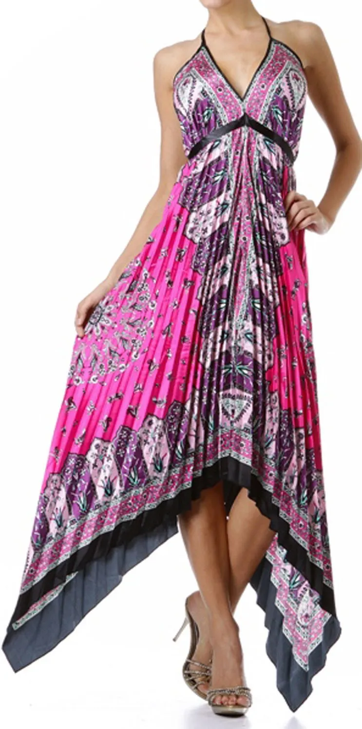 Sakkas Silk Feel Pleated Pleated Handkerchief Hem Adjustable Maxi / Long Dress