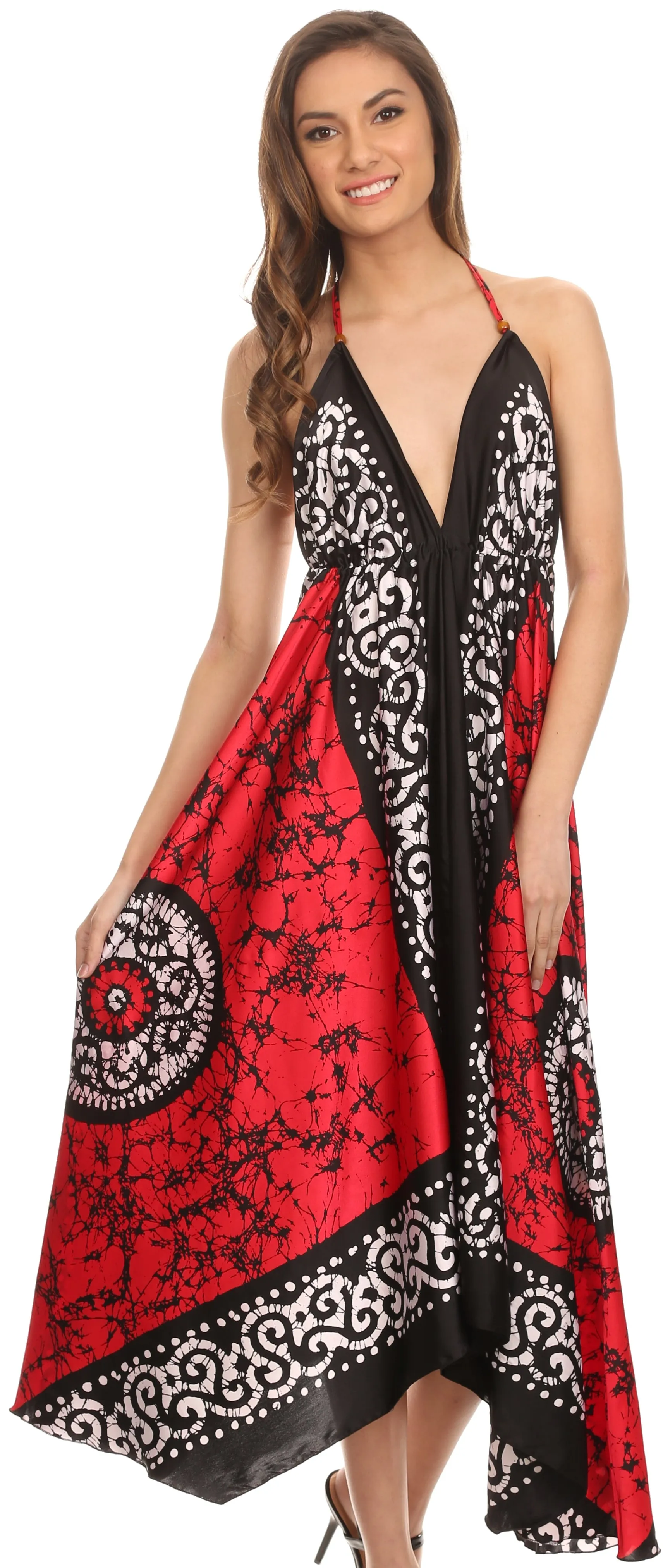 Sakkas Silky V-Neck Halter Handkerchief Hem Maxi Dress