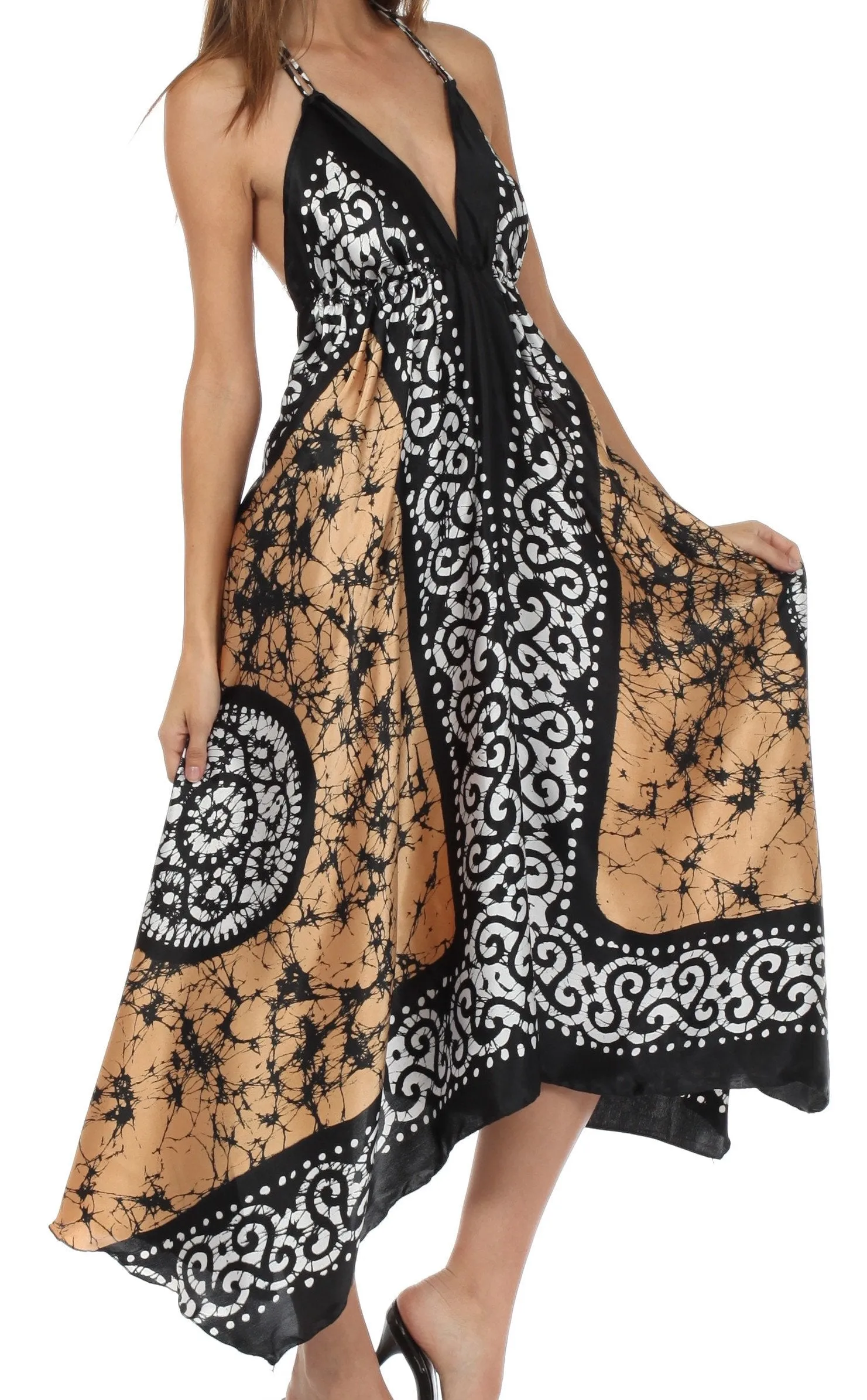 Sakkas Silky V-Neck Halter Handkerchief Hem Maxi Dress