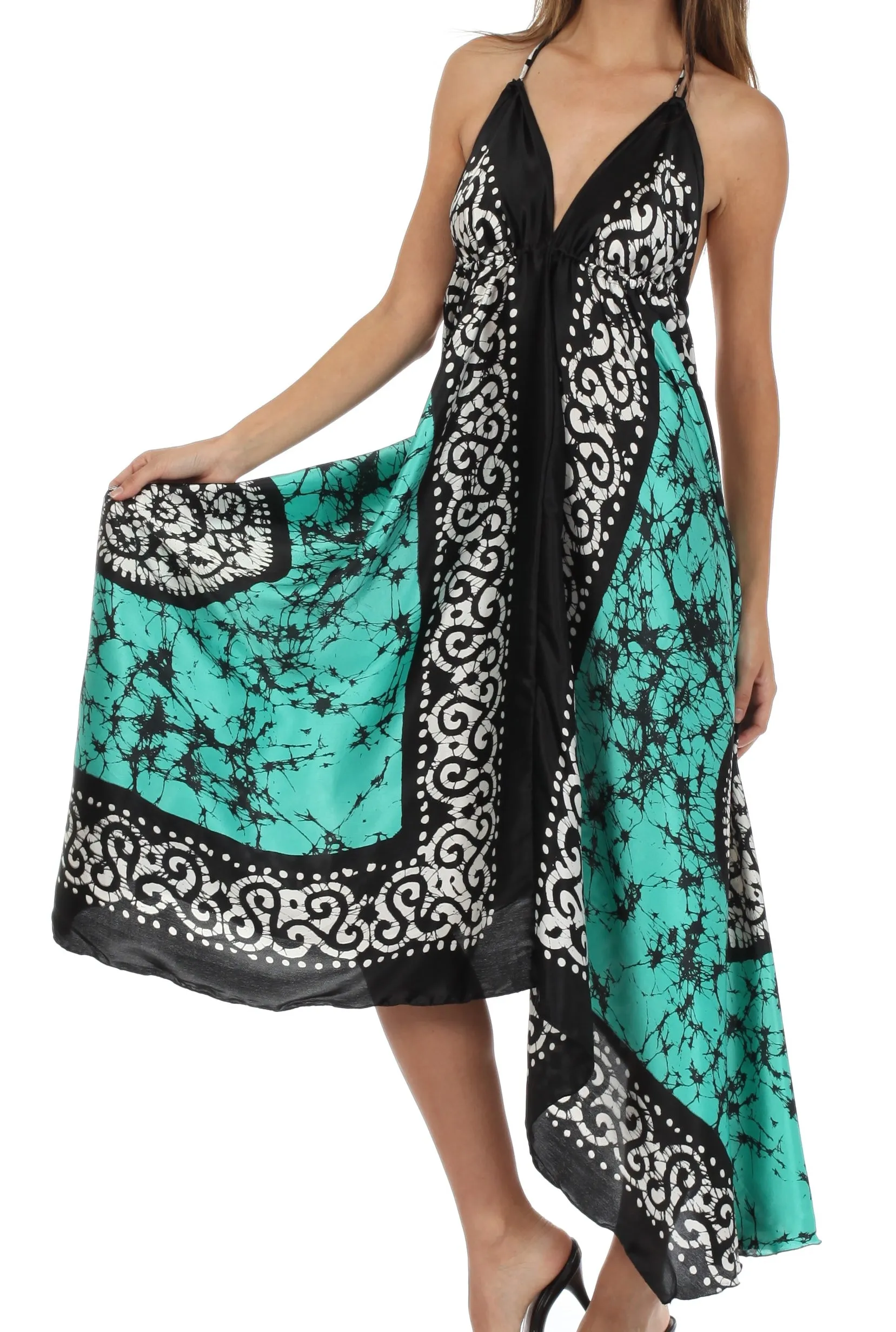 Sakkas Silky V-Neck Halter Handkerchief Hem Maxi Dress