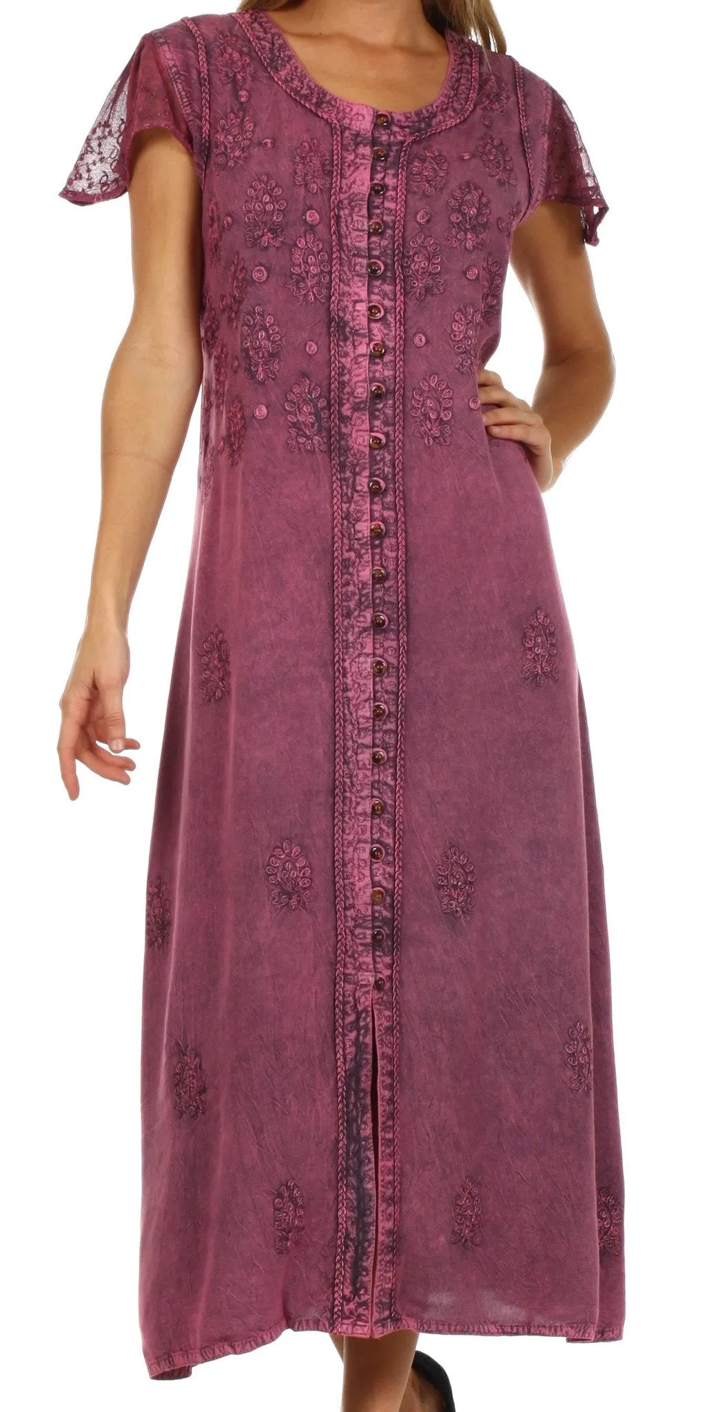 Sakkas Stonewashed Embroidered Cap Sleeve Maxi Long Dress - FINAL SALE