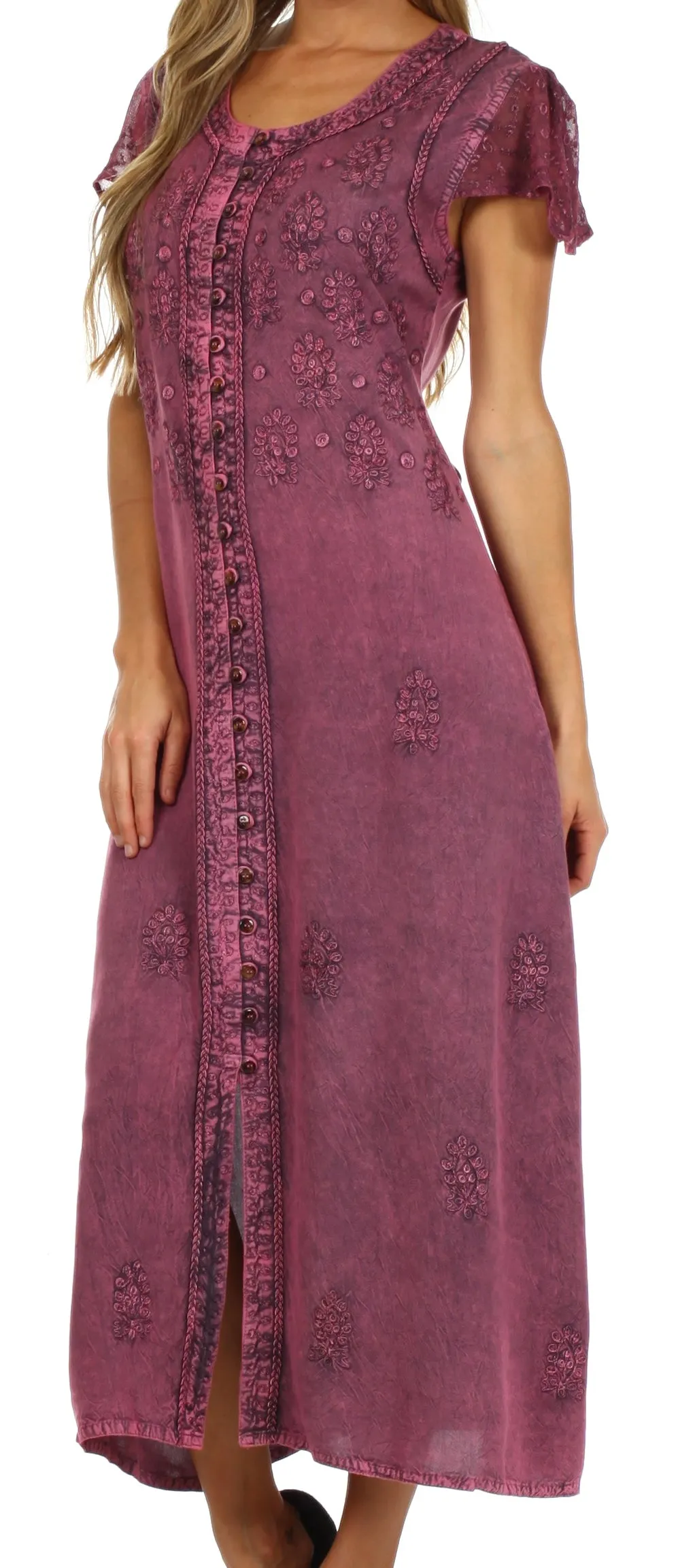 Sakkas Stonewashed Embroidered Cap Sleeve Maxi Long Dress - FINAL SALE