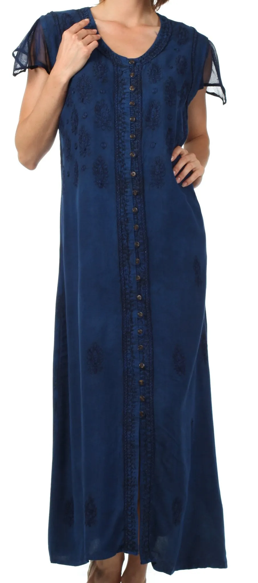 Sakkas Stonewashed Embroidered Cap Sleeve Maxi Long Dress - FINAL SALE