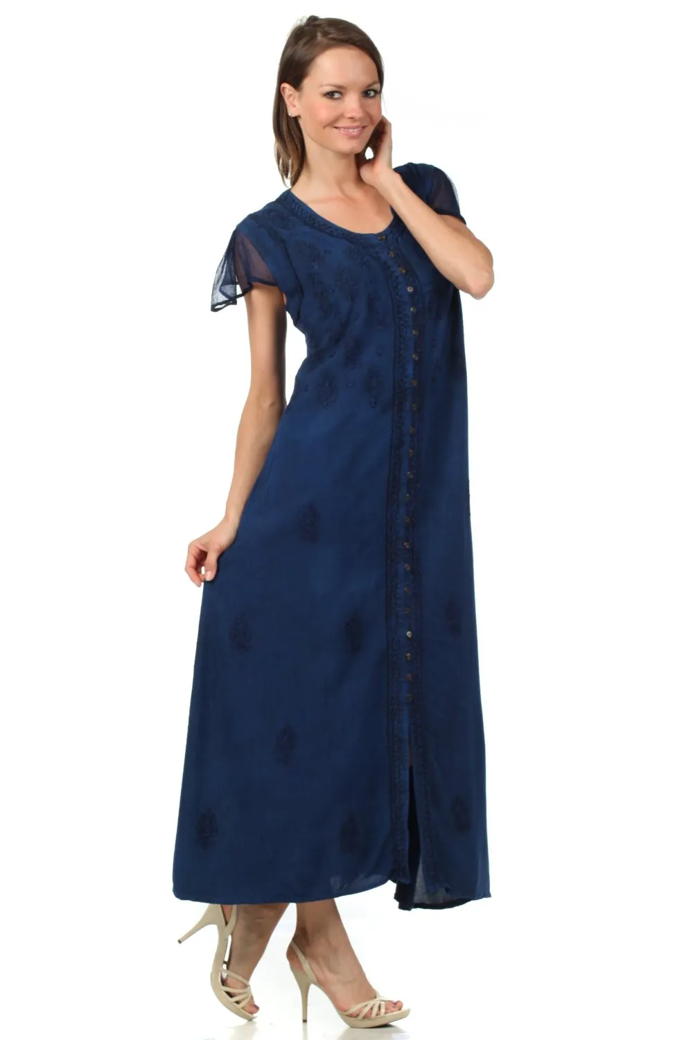 Sakkas Stonewashed Embroidered Cap Sleeve Maxi Long Dress - FINAL SALE