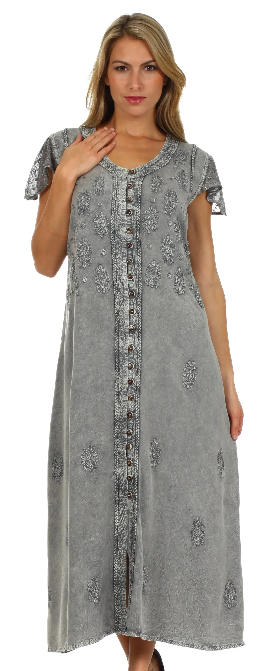 Sakkas Stonewashed Embroidered Cap Sleeve Maxi Long Dress - FINAL SALE