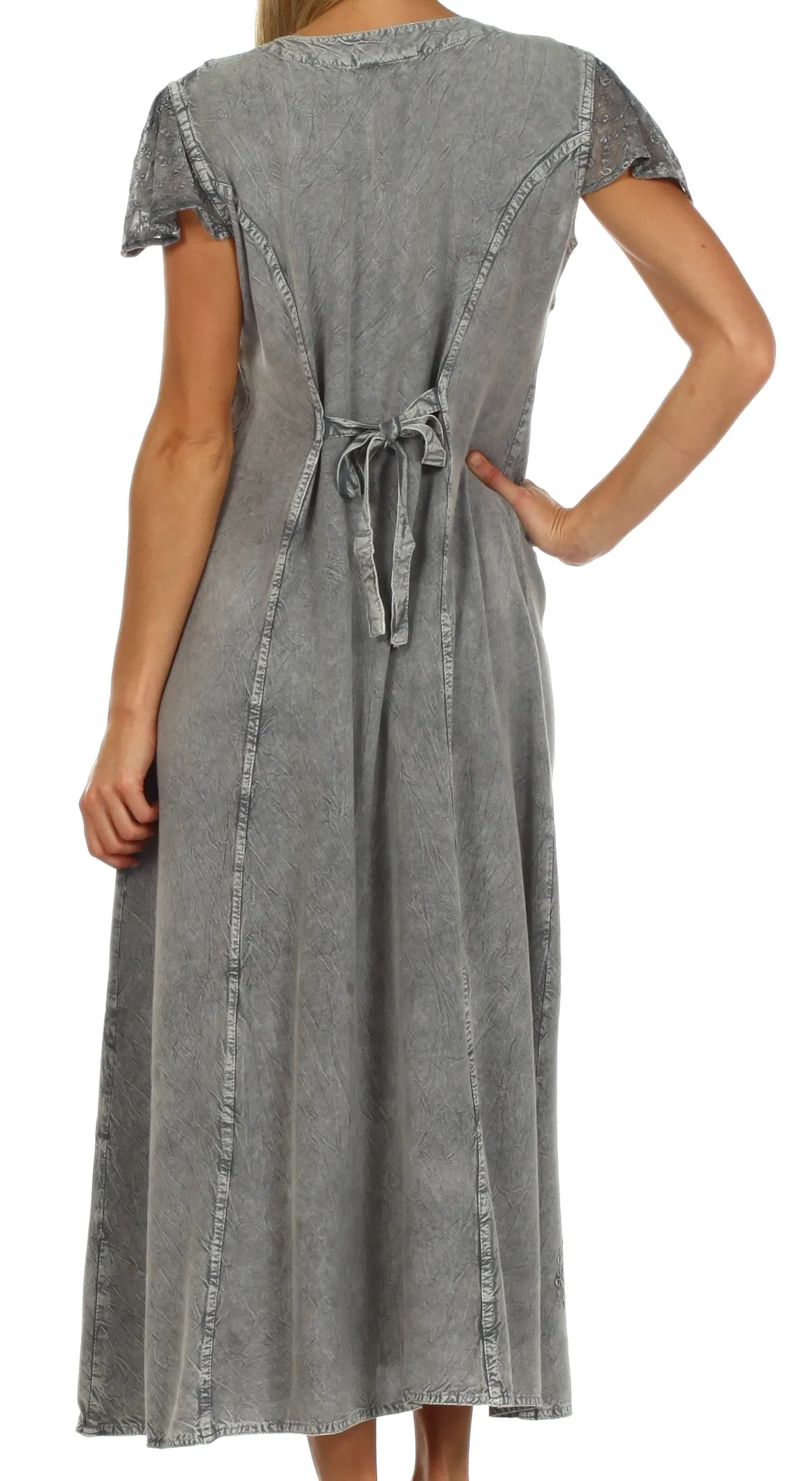 Sakkas Stonewashed Embroidered Cap Sleeve Maxi Long Dress - FINAL SALE