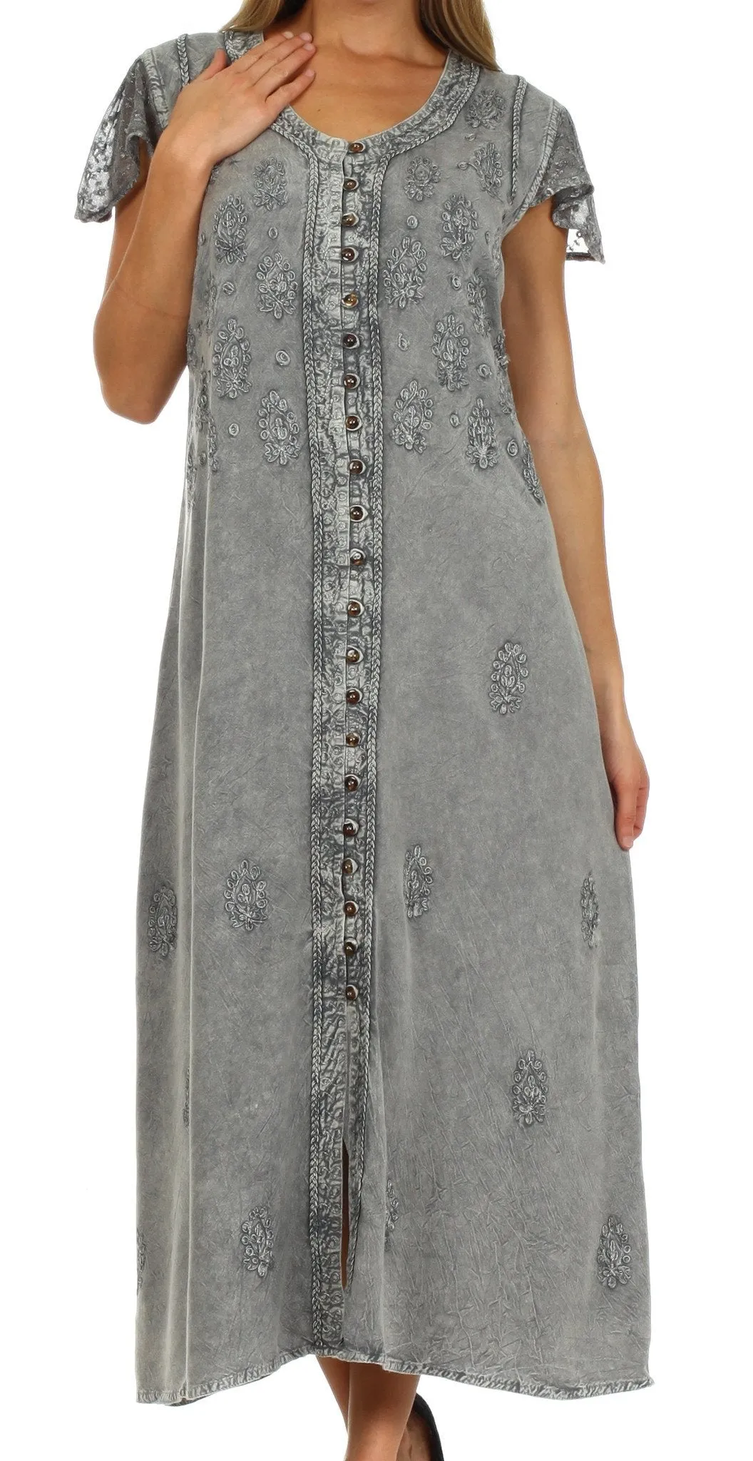 Sakkas Stonewashed Embroidered Cap Sleeve Maxi Long Dress - FINAL SALE