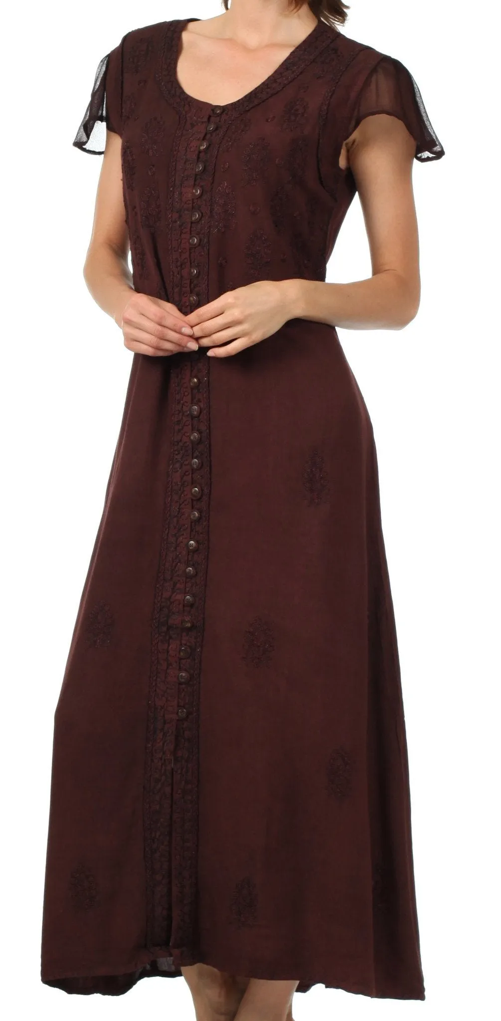 Sakkas Stonewashed Embroidered Cap Sleeve Maxi Long Dress - FINAL SALE