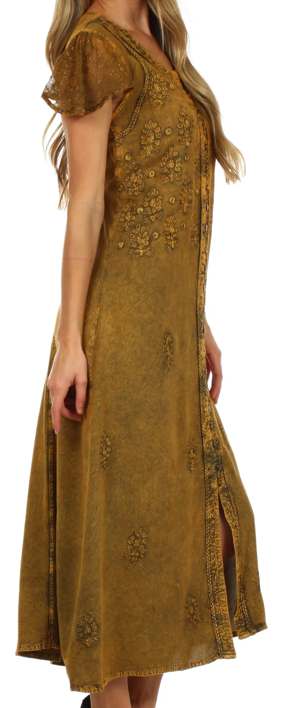 Sakkas Stonewashed Embroidered Cap Sleeve Maxi Long Dress - FINAL SALE