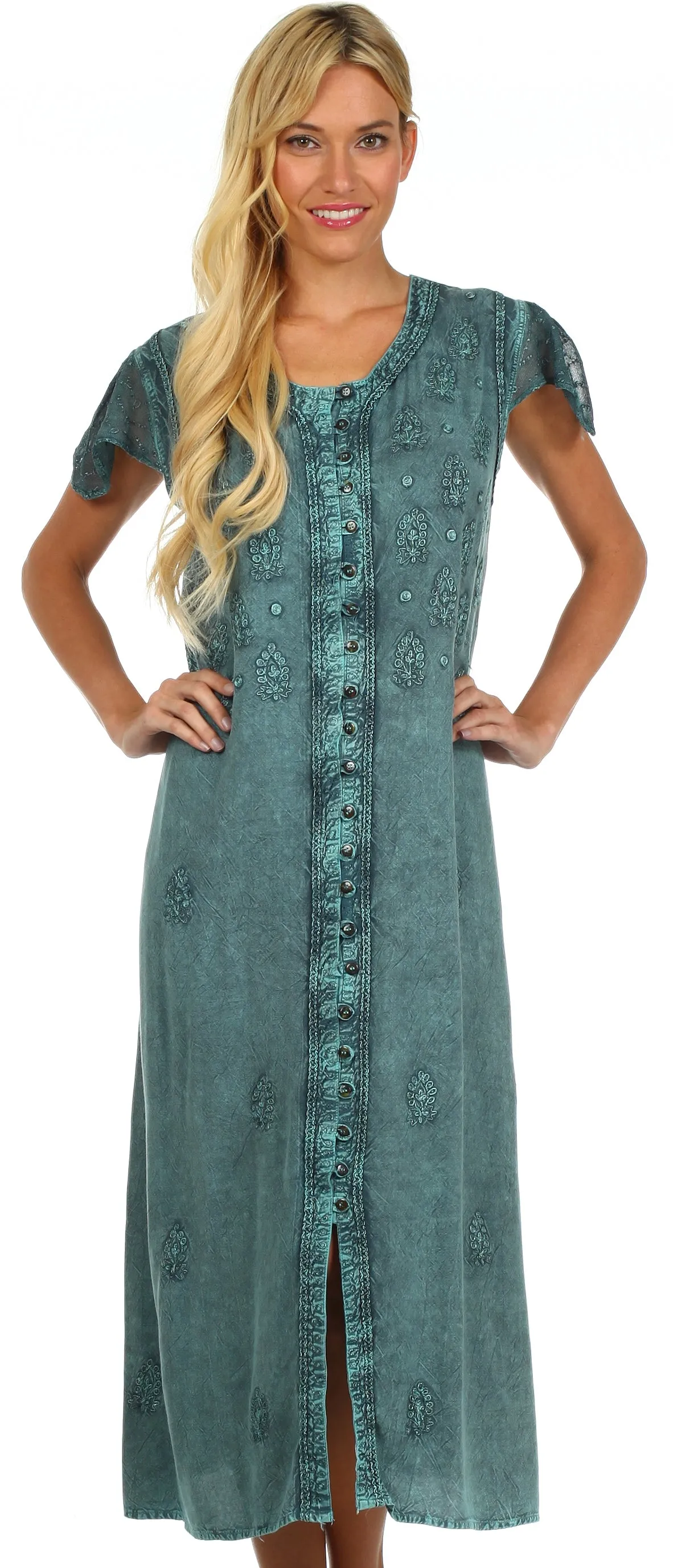 Sakkas Stonewashed Embroidered Cap Sleeve Maxi Long Dress - FINAL SALE