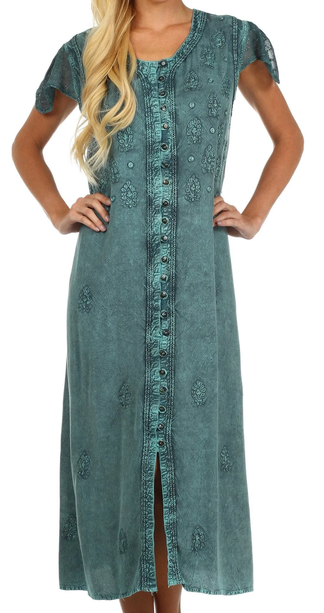 Sakkas Stonewashed Embroidered Cap Sleeve Maxi Long Dress - FINAL SALE