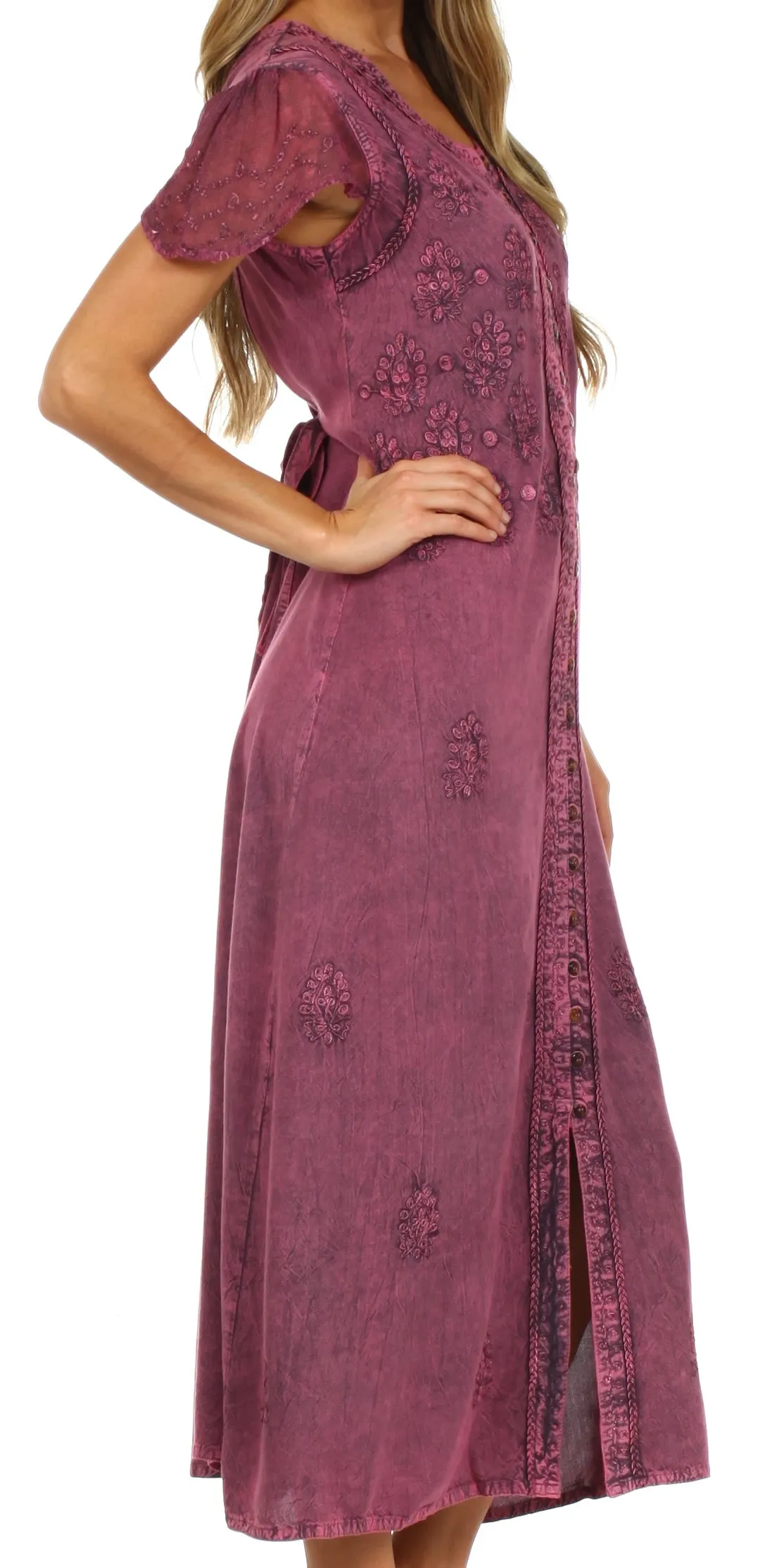 Sakkas Stonewashed Embroidered Cap Sleeve Maxi Long Dress - FINAL SALE