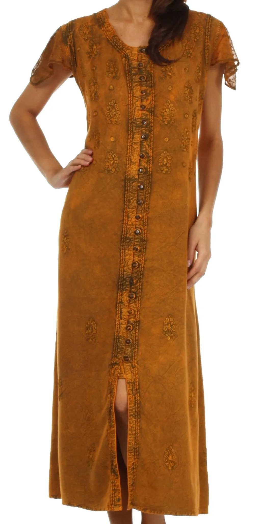 Sakkas Stonewashed Embroidered Cap Sleeve Maxi Long Dress - FINAL SALE