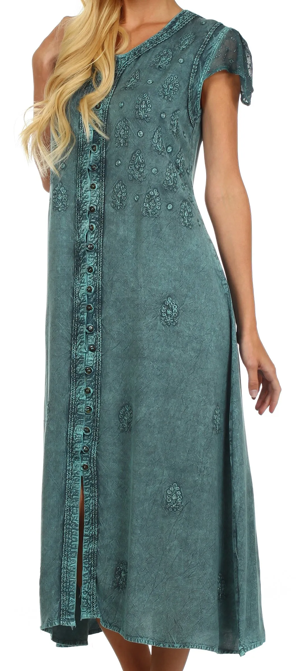 Sakkas Stonewashed Embroidered Cap Sleeve Maxi Long Dress - FINAL SALE