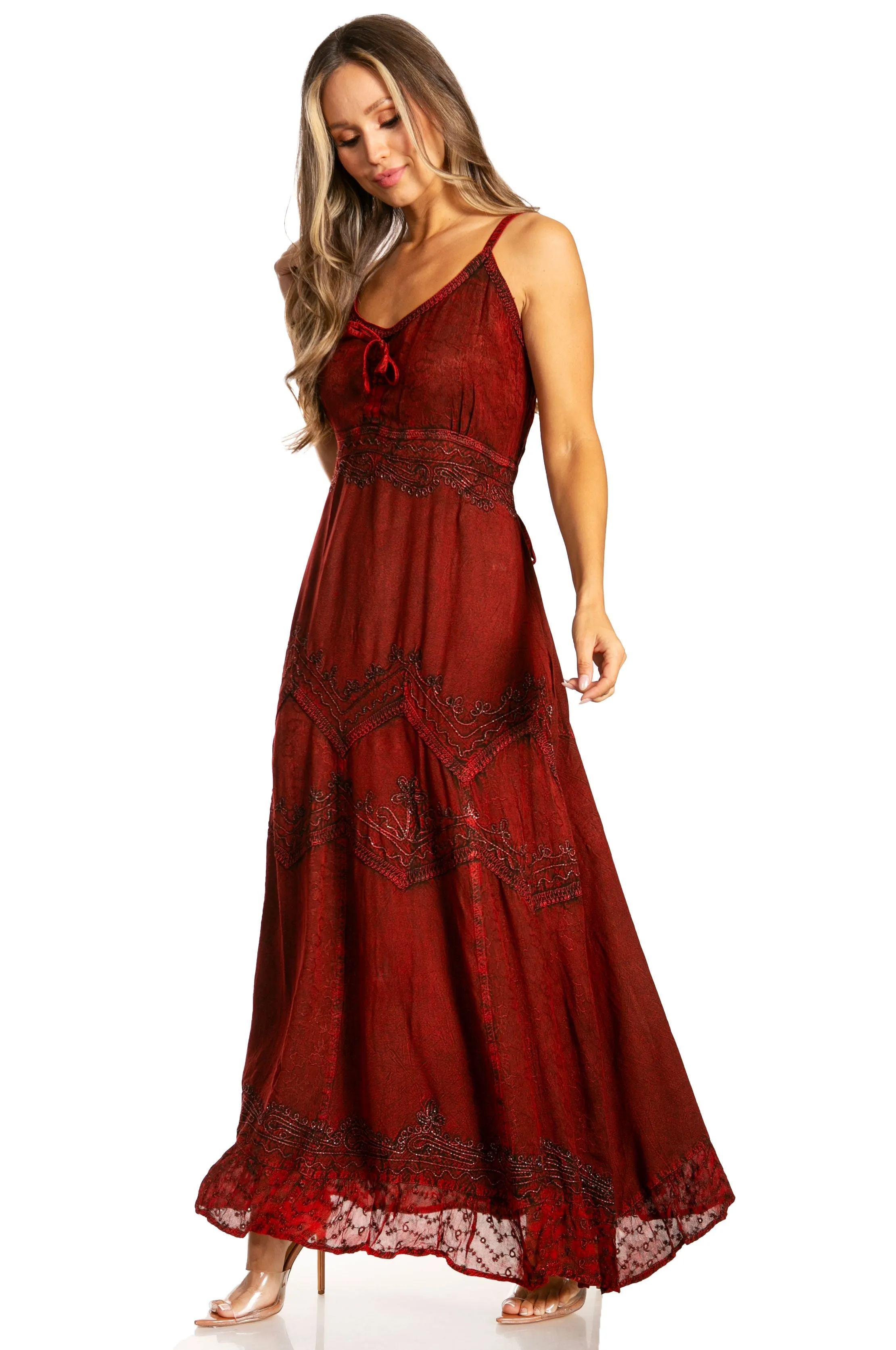 Sakkas Stonewashed Rayon Embroidered Adjustable Spaghetti Straps Long Dress