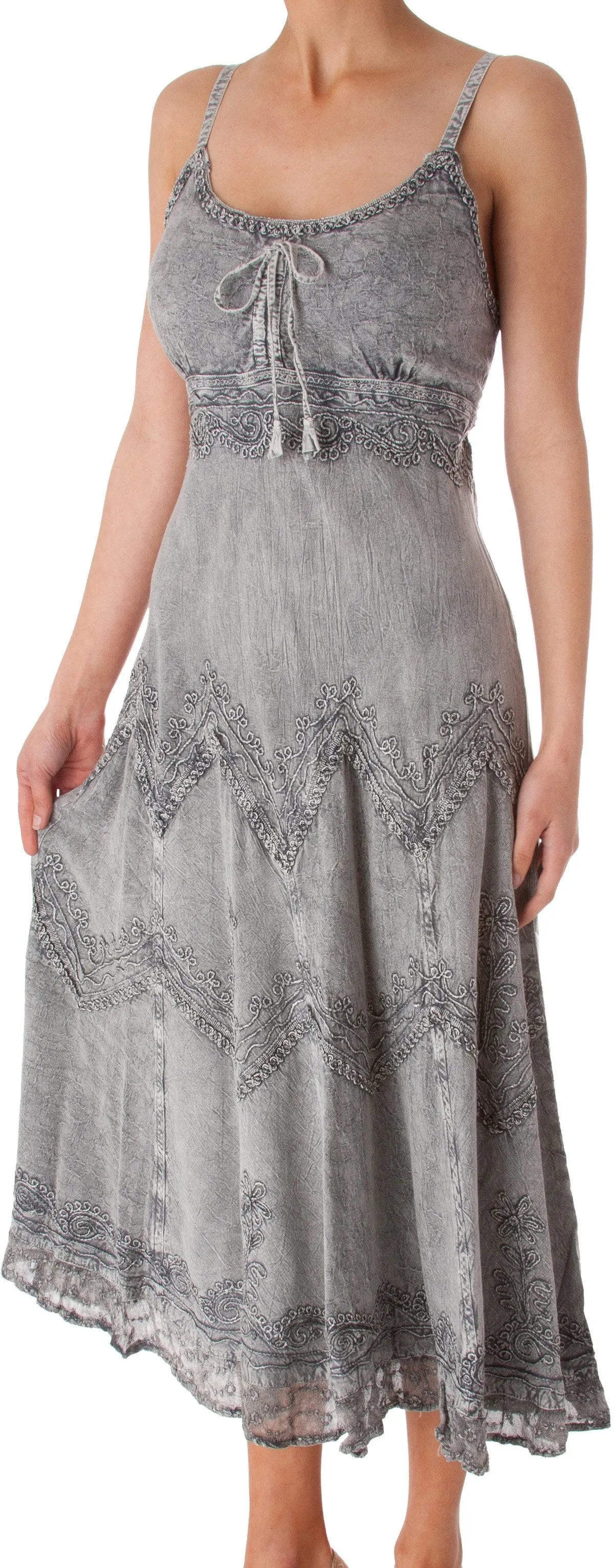 Sakkas Stonewashed Rayon Embroidered Adjustable Spaghetti Straps Long Dress