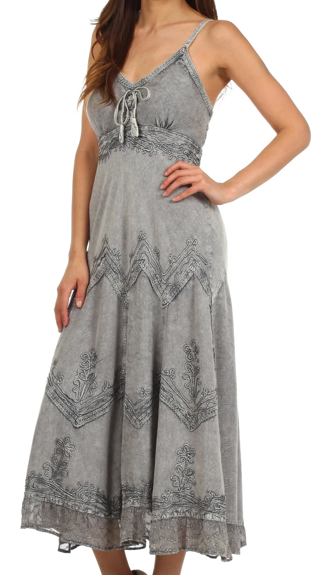 Sakkas Stonewashed Rayon Embroidered Adjustable Spaghetti Straps Long Dress