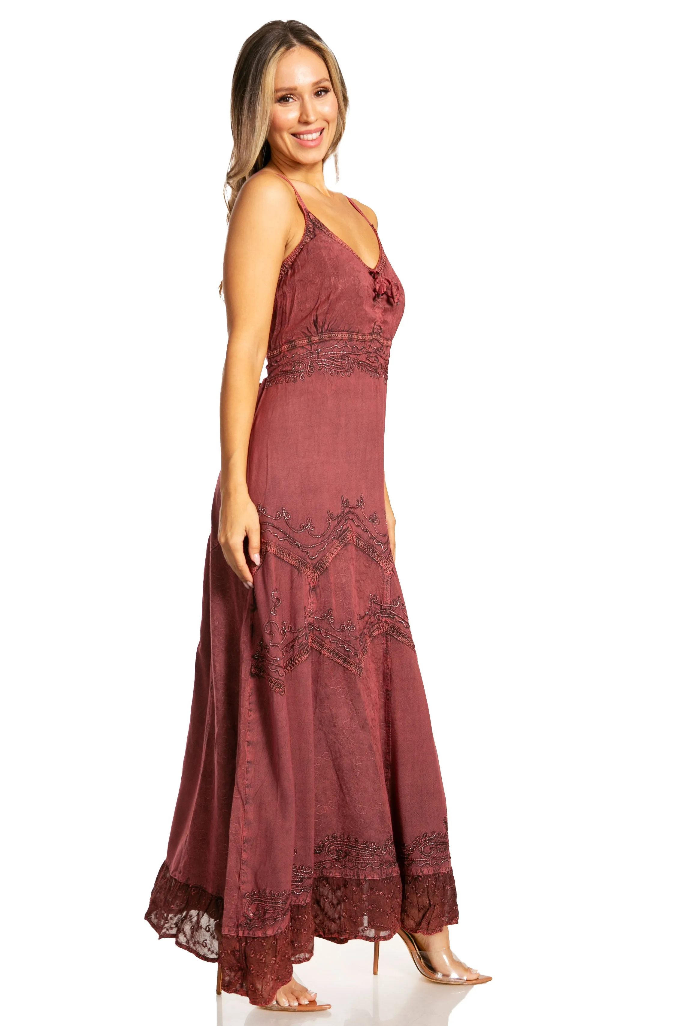 Sakkas Stonewashed Rayon Embroidered Adjustable Spaghetti Straps Long Dress