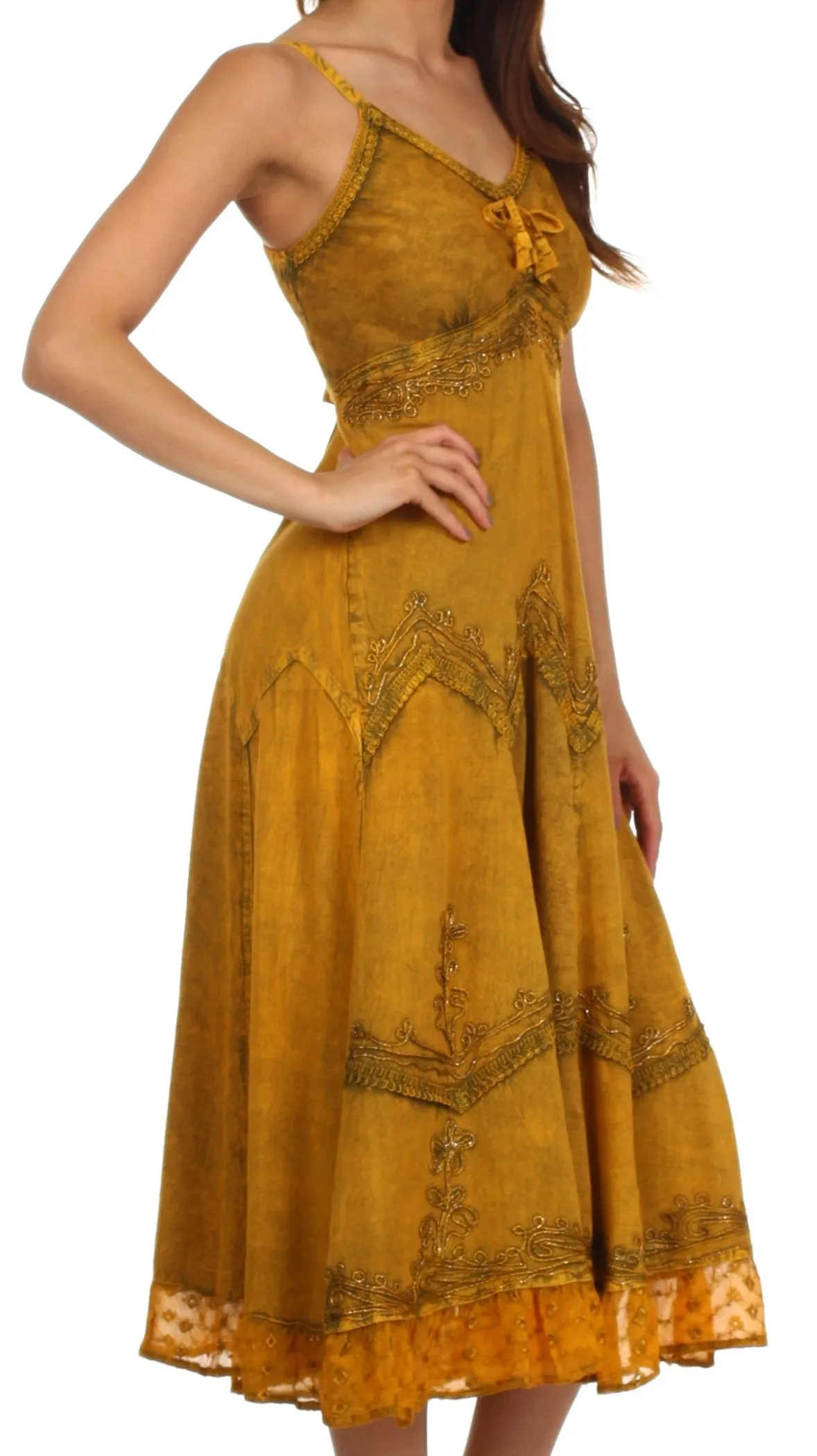 Sakkas Stonewashed Rayon Embroidered Adjustable Spaghetti Straps Long Dress