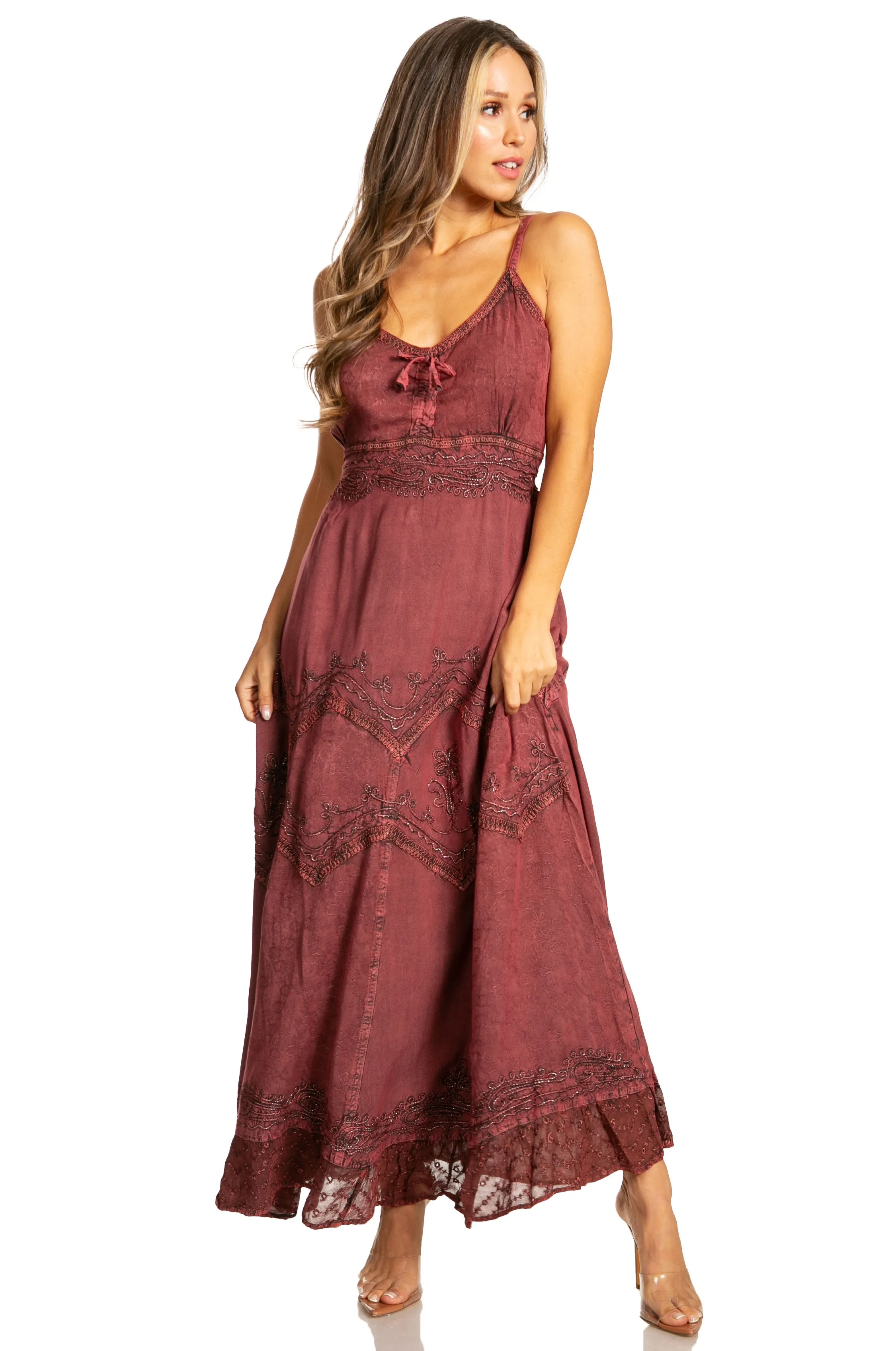 Sakkas Stonewashed Rayon Embroidered Adjustable Spaghetti Straps Long Dress