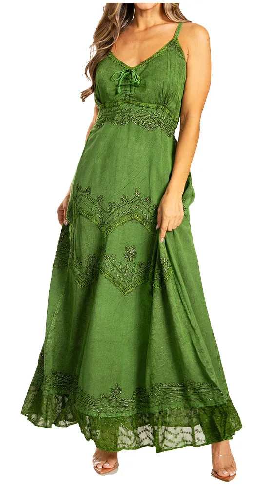 Sakkas Stonewashed Rayon Embroidered Adjustable Spaghetti Straps Long Dress