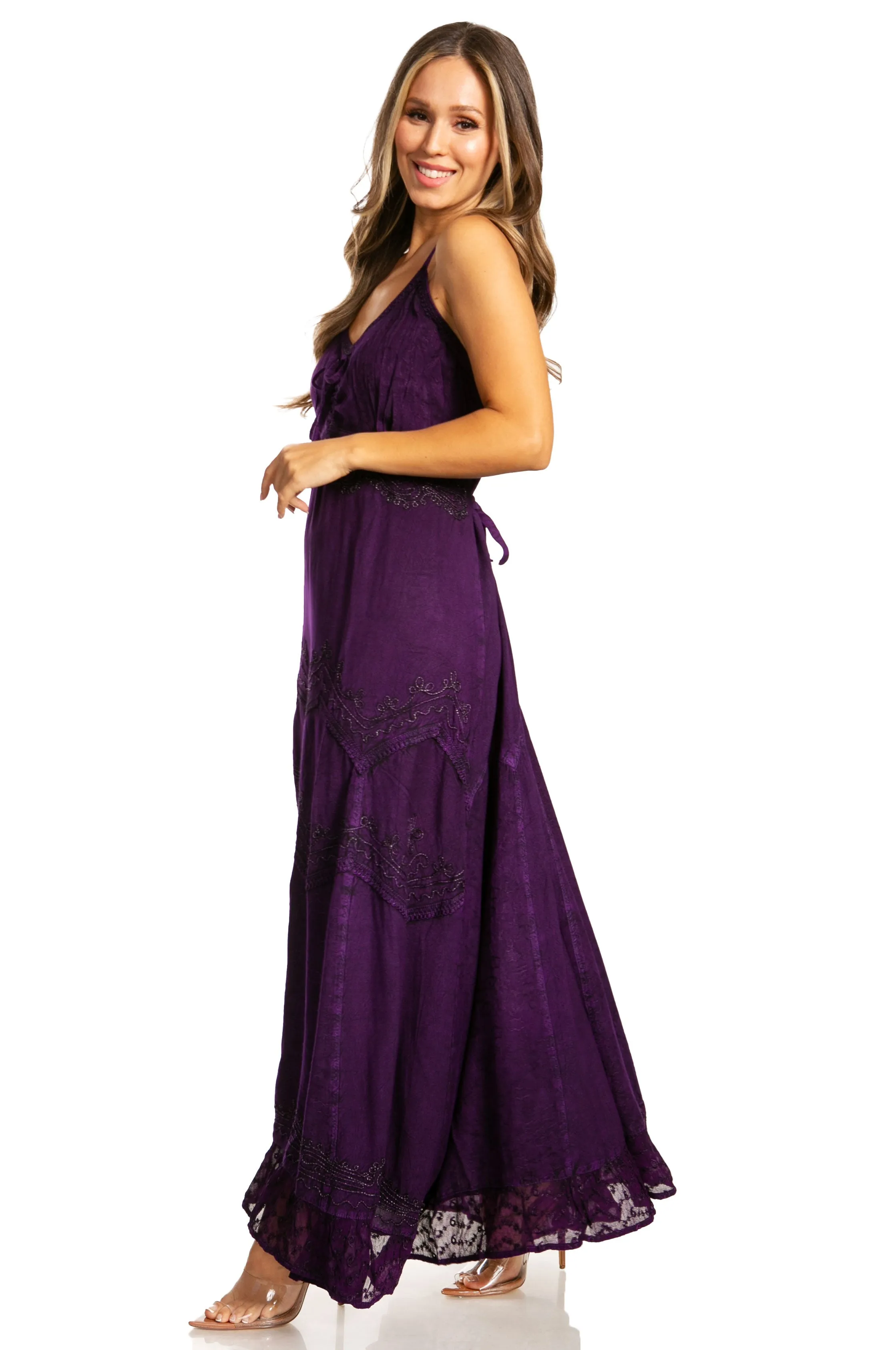 Sakkas Stonewashed Rayon Embroidered Adjustable Spaghetti Straps Long Dress