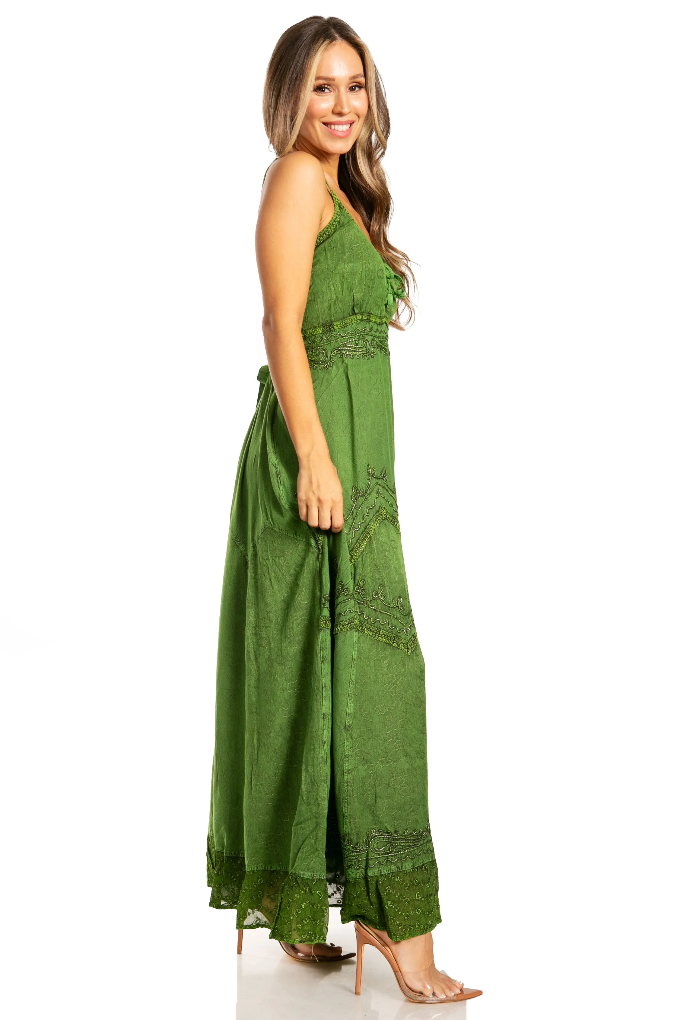 Sakkas Stonewashed Rayon Embroidered Adjustable Spaghetti Straps Long Dress