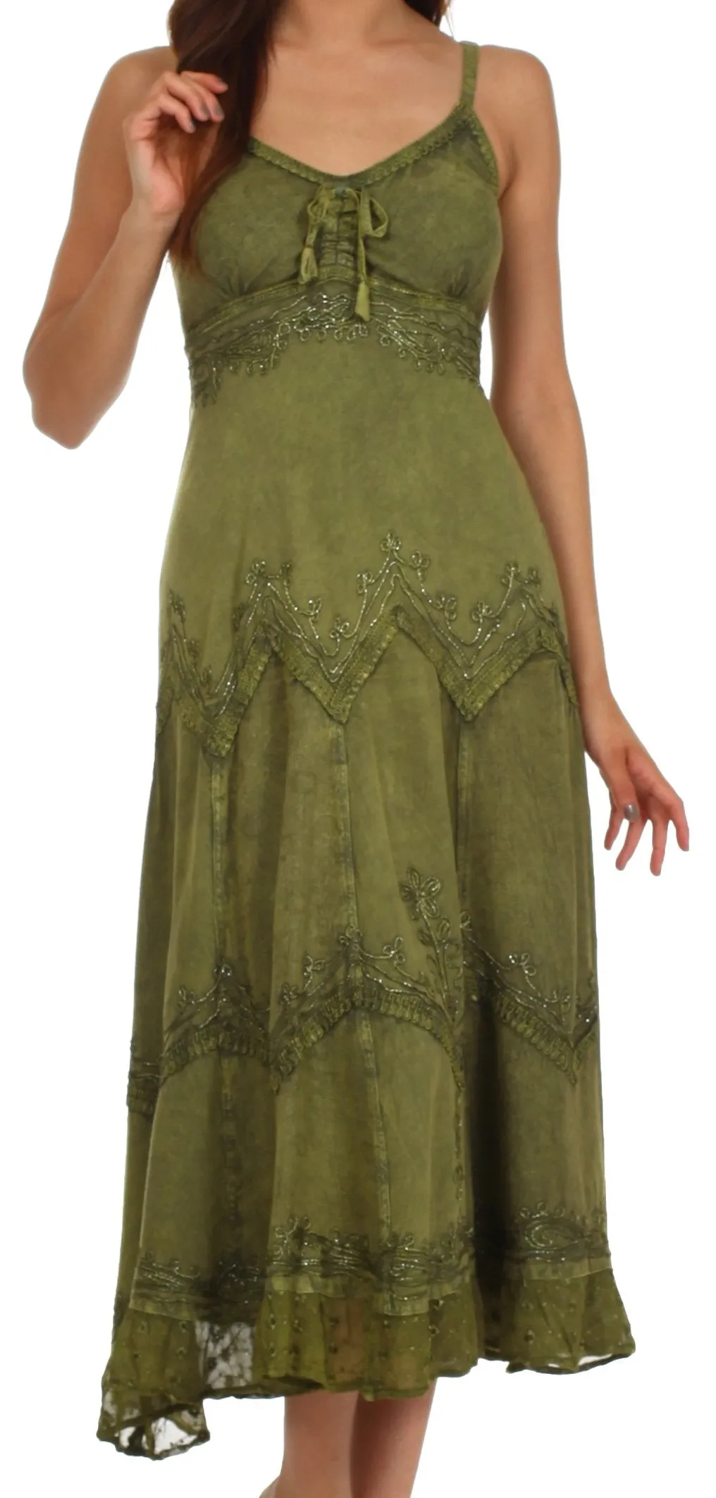 Sakkas Stonewashed Rayon Embroidered Adjustable Spaghetti Straps Long Dress