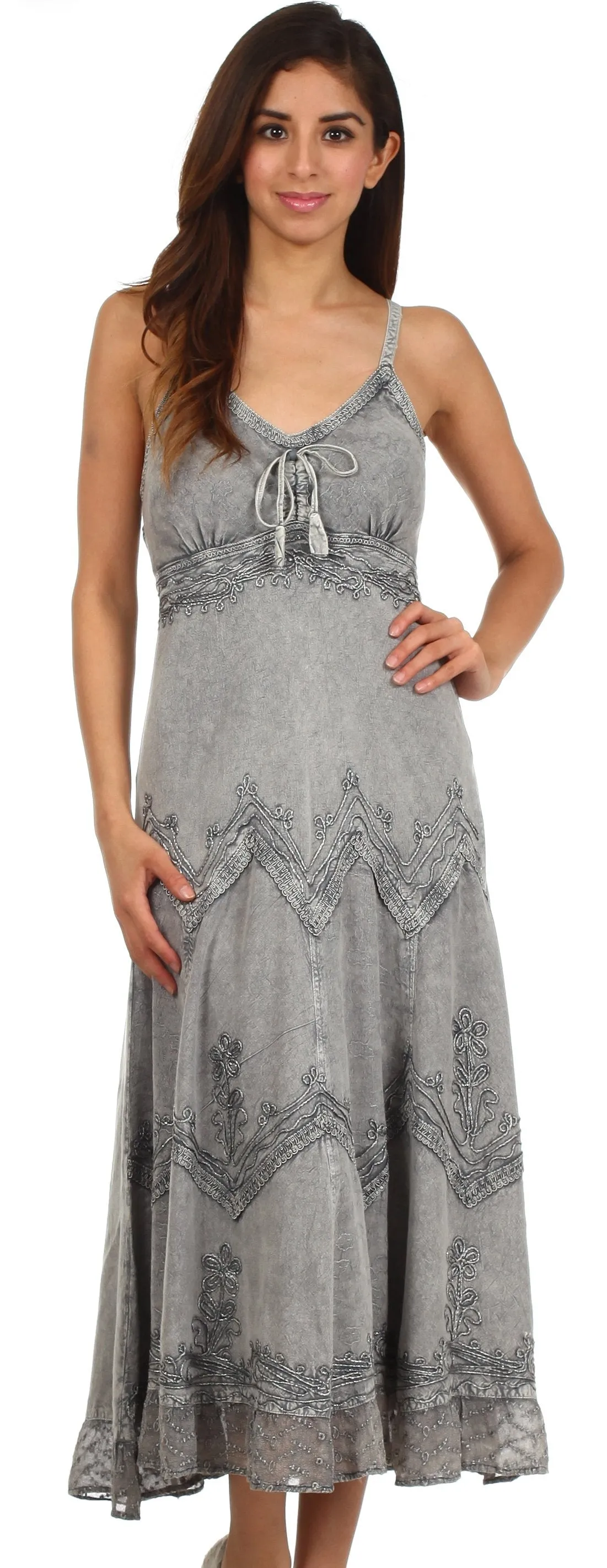 Sakkas Stonewashed Rayon Embroidered Adjustable Spaghetti Straps Long Dress