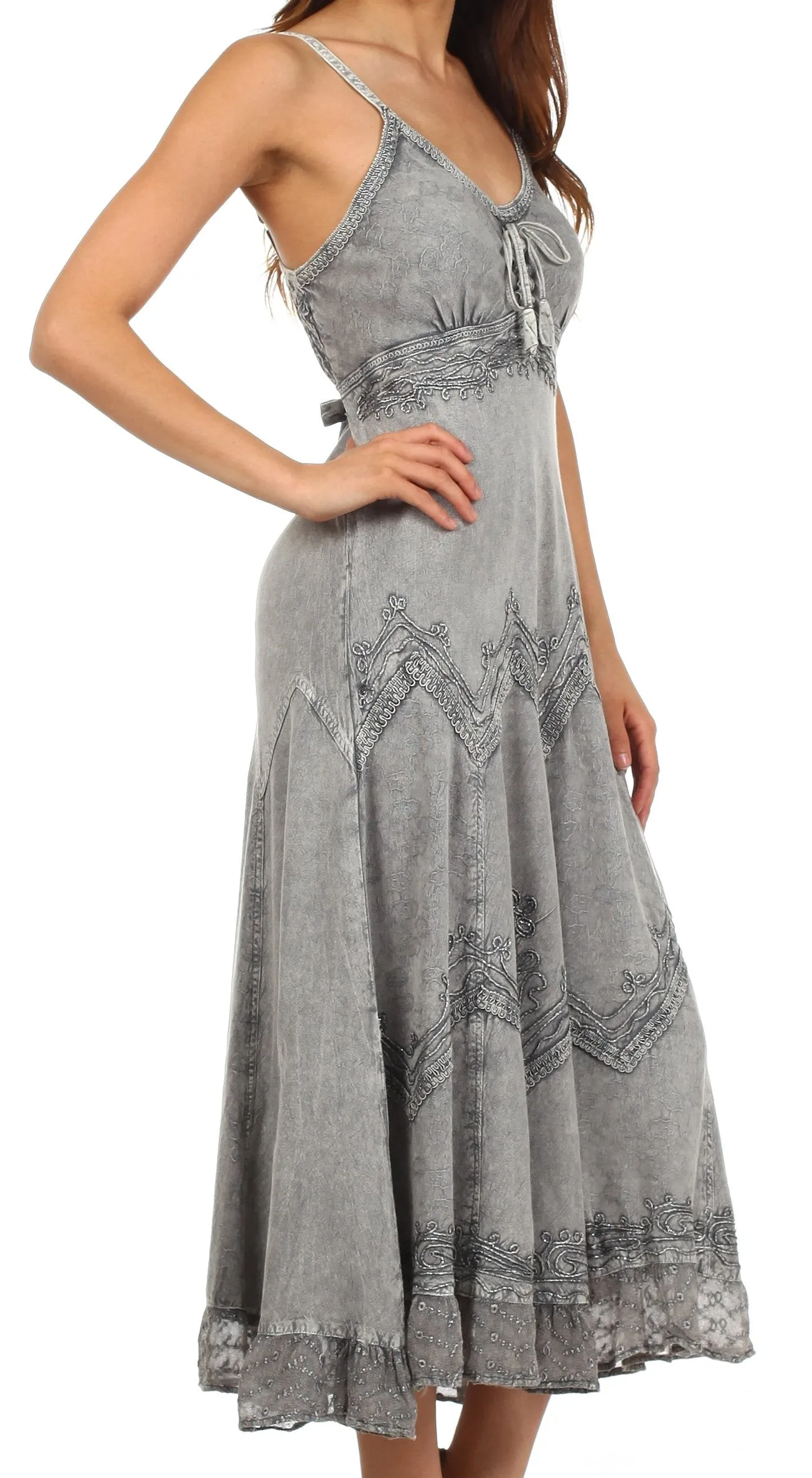 Sakkas Stonewashed Rayon Embroidered Adjustable Spaghetti Straps Long Dress